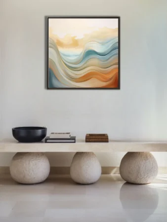 Abstract wave landscape in teal, sand, and terracotta with gold-line details