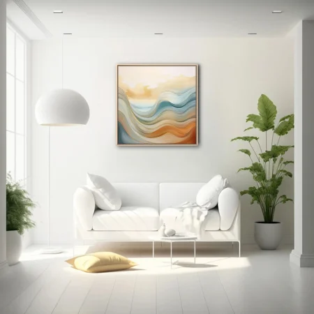 Abstract wave landscape in teal, sand, and terracotta with gold-line details
