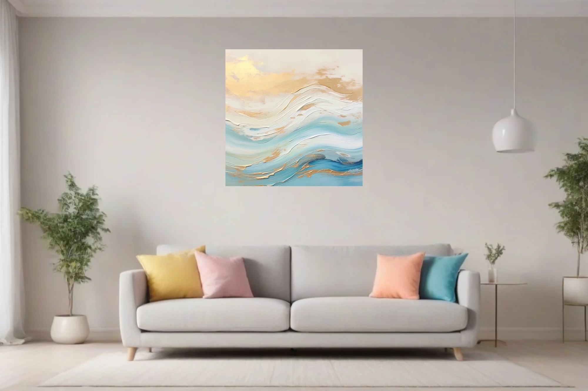 Abstract seascape with aqua and ivory waves and gold accents