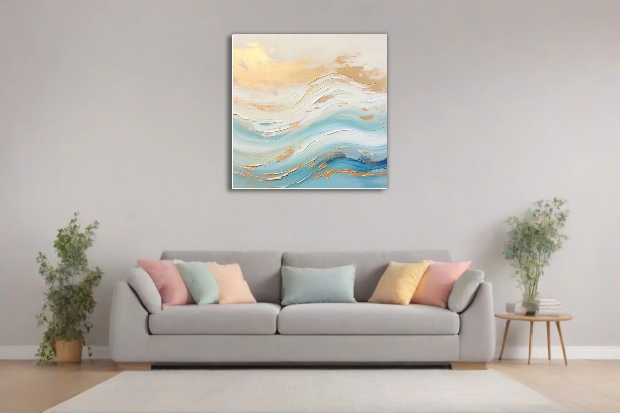 Abstract seascape with aqua and ivory waves and gold accents