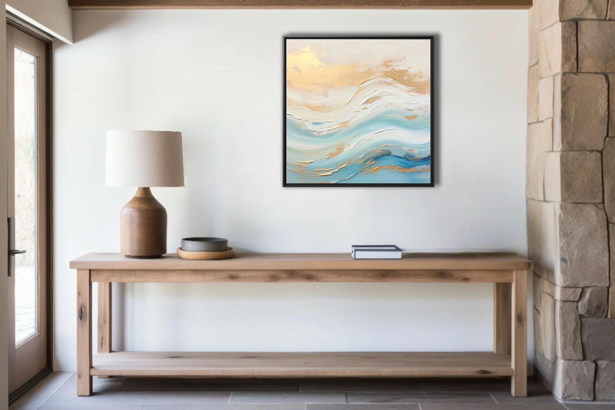 Abstract seascape with aqua and ivory waves and gold accents