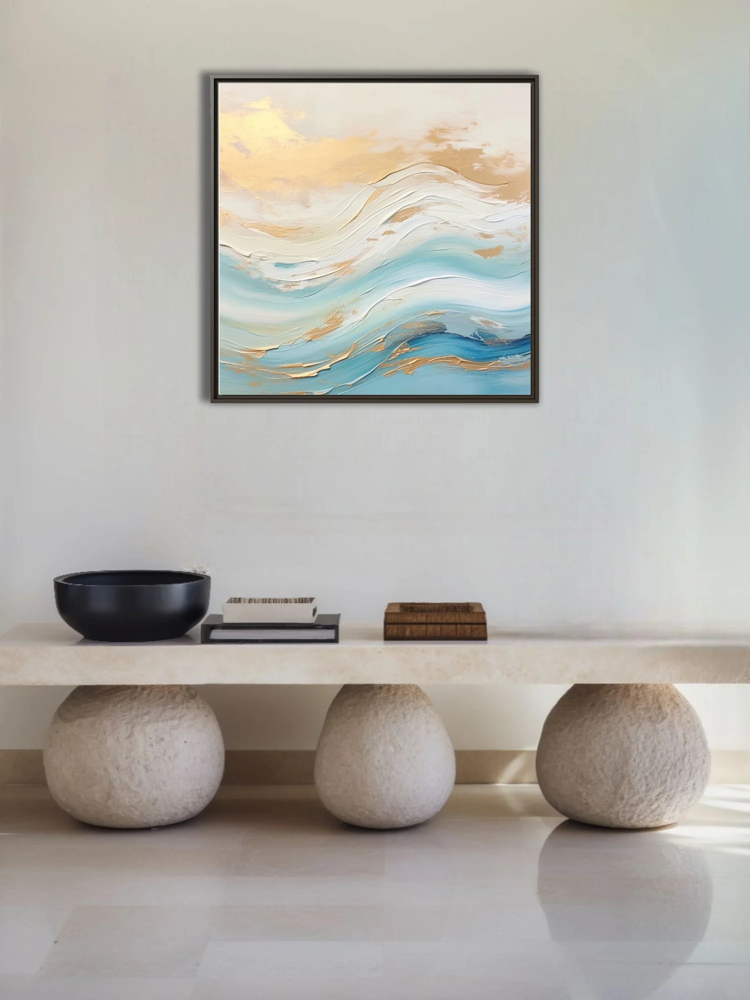 Abstract seascape with aqua and ivory waves and gold accents