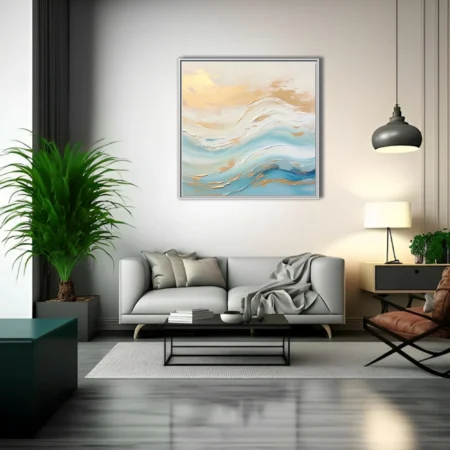 Abstract seascape with aqua and ivory waves and gold accents