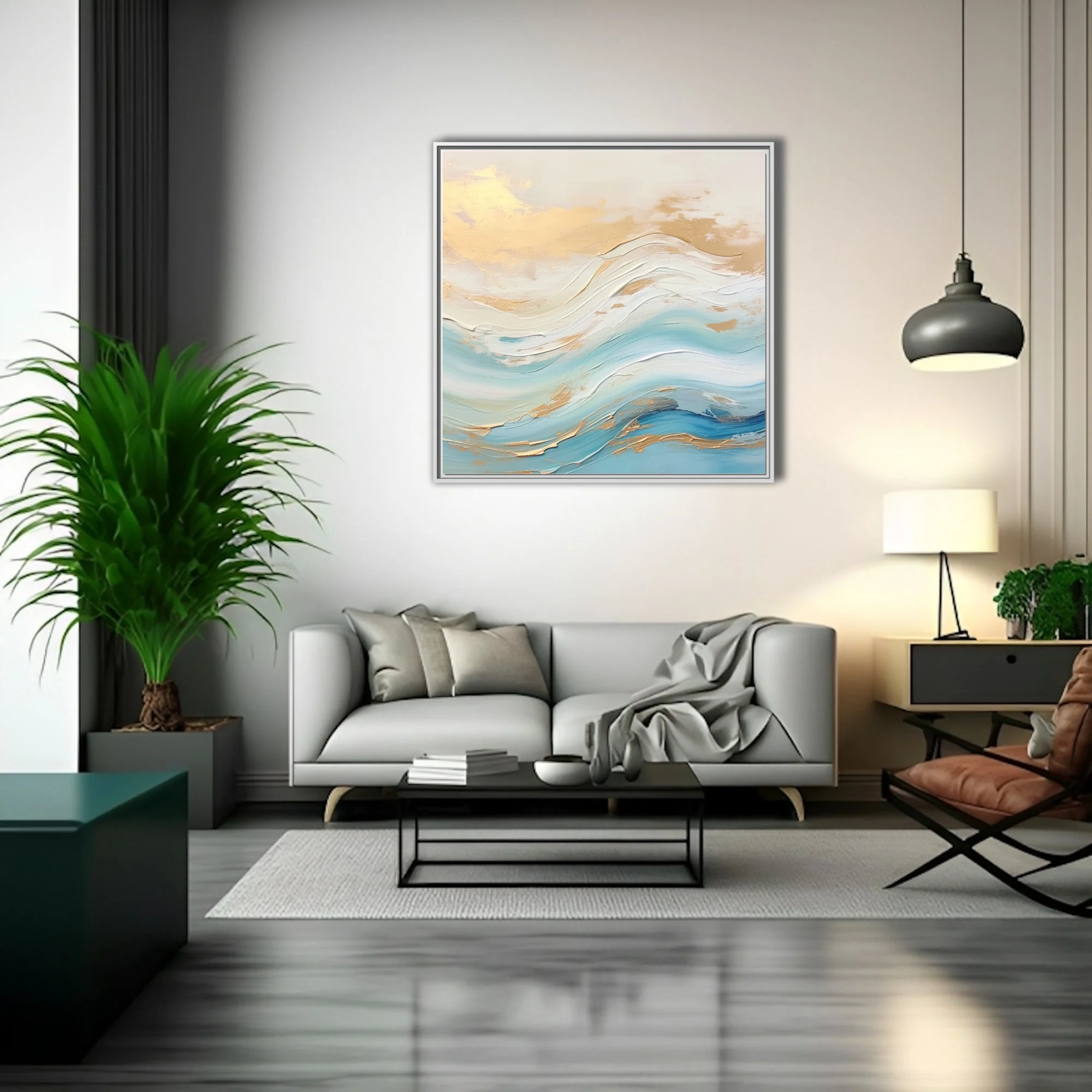 Abstract seascape with aqua and ivory waves and gold accents