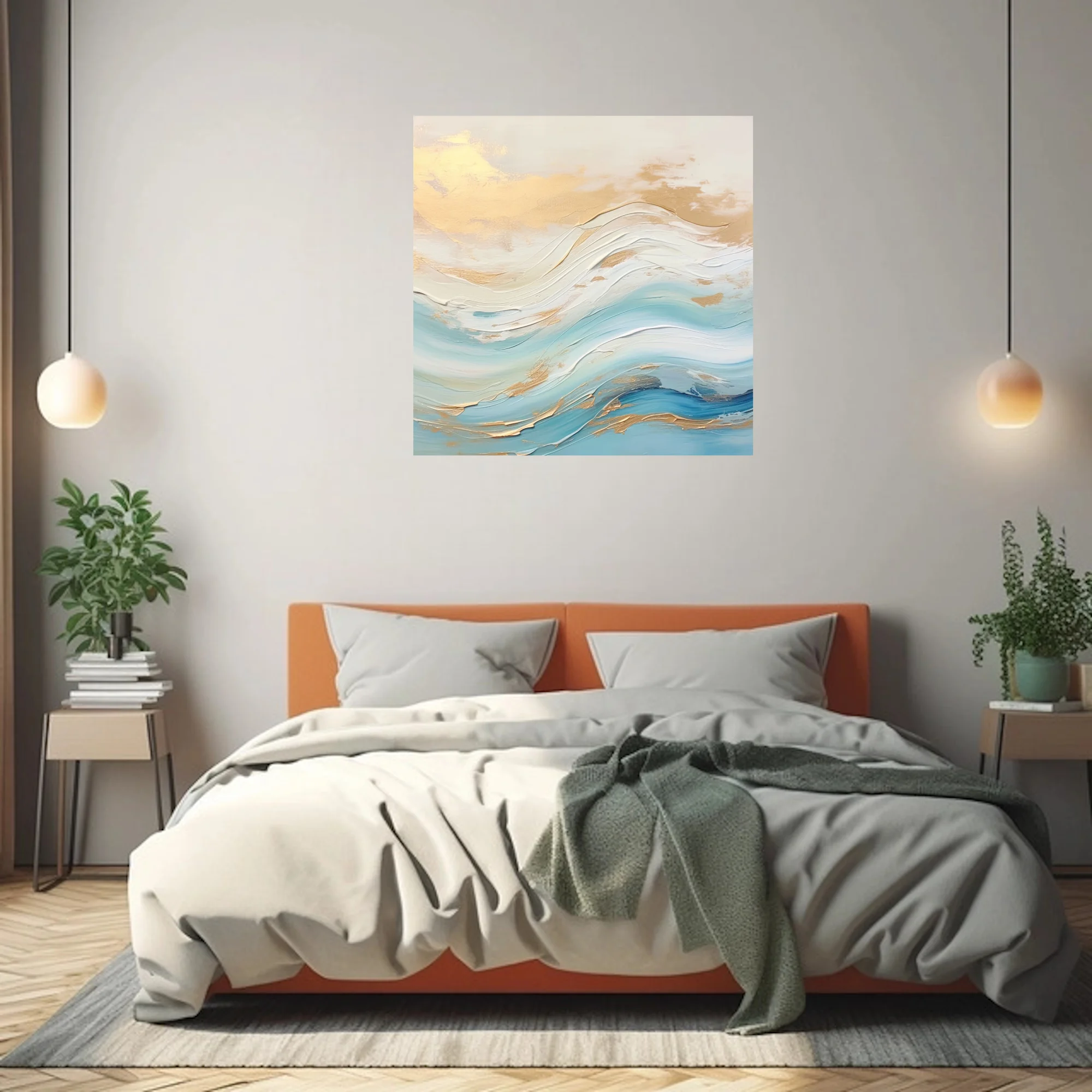 Abstract seascape with aqua and ivory waves and gold accents