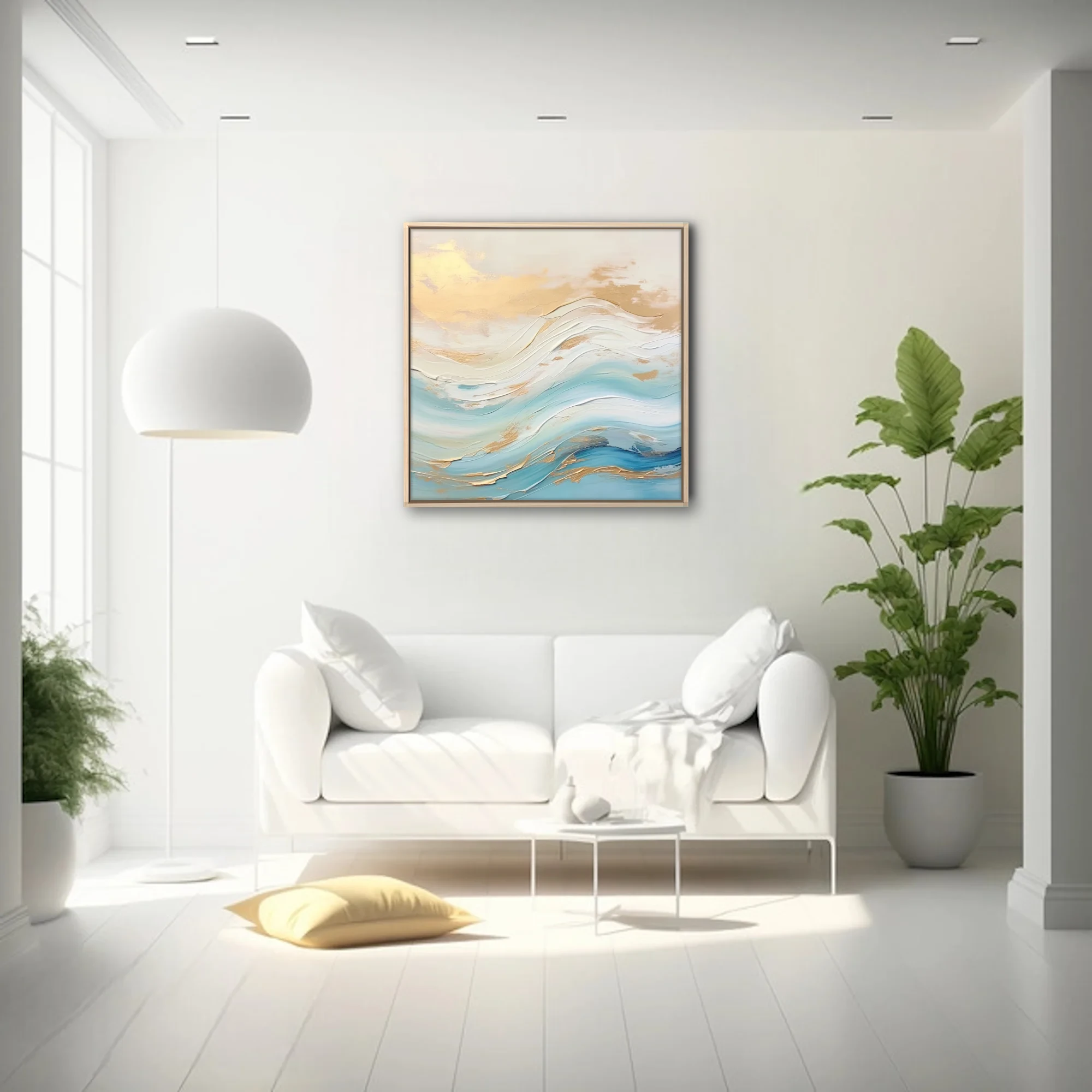Abstract seascape with aqua and ivory waves and gold accents