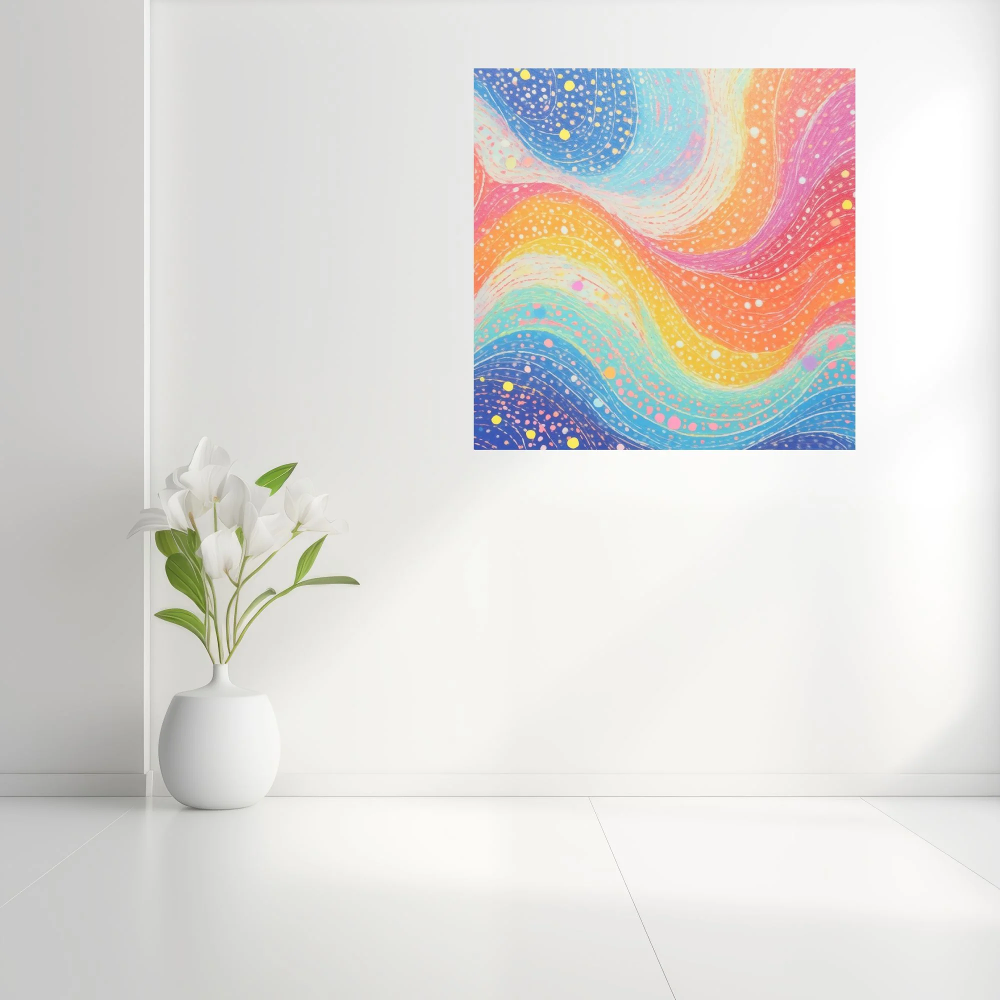 Vibrant rainbow wave abstract with speckled dots in pink, orange, yellow, and blue pastel tones