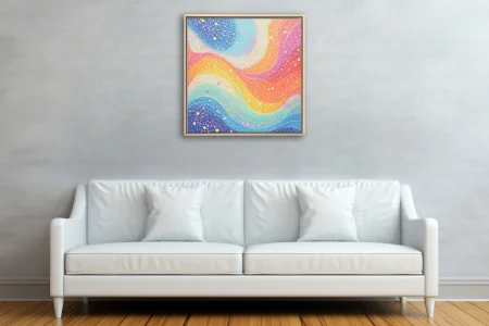 Vibrant rainbow wave abstract with speckled dots in pink, orange, yellow, and blue pastel tones