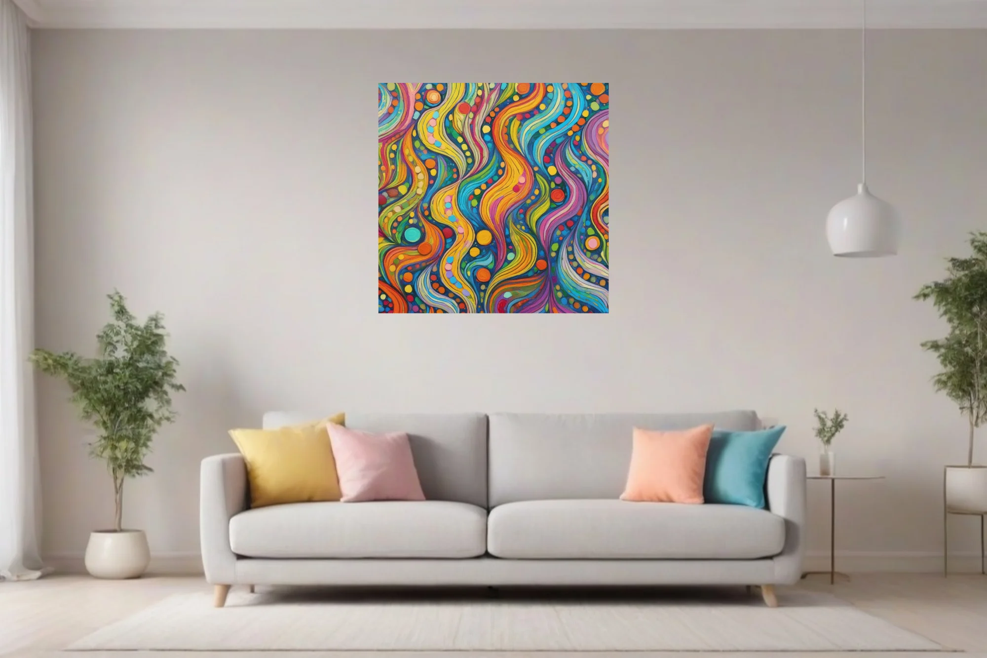 Psychedelic abstract wave pattern with rainbow swirls and colorful dot motifs