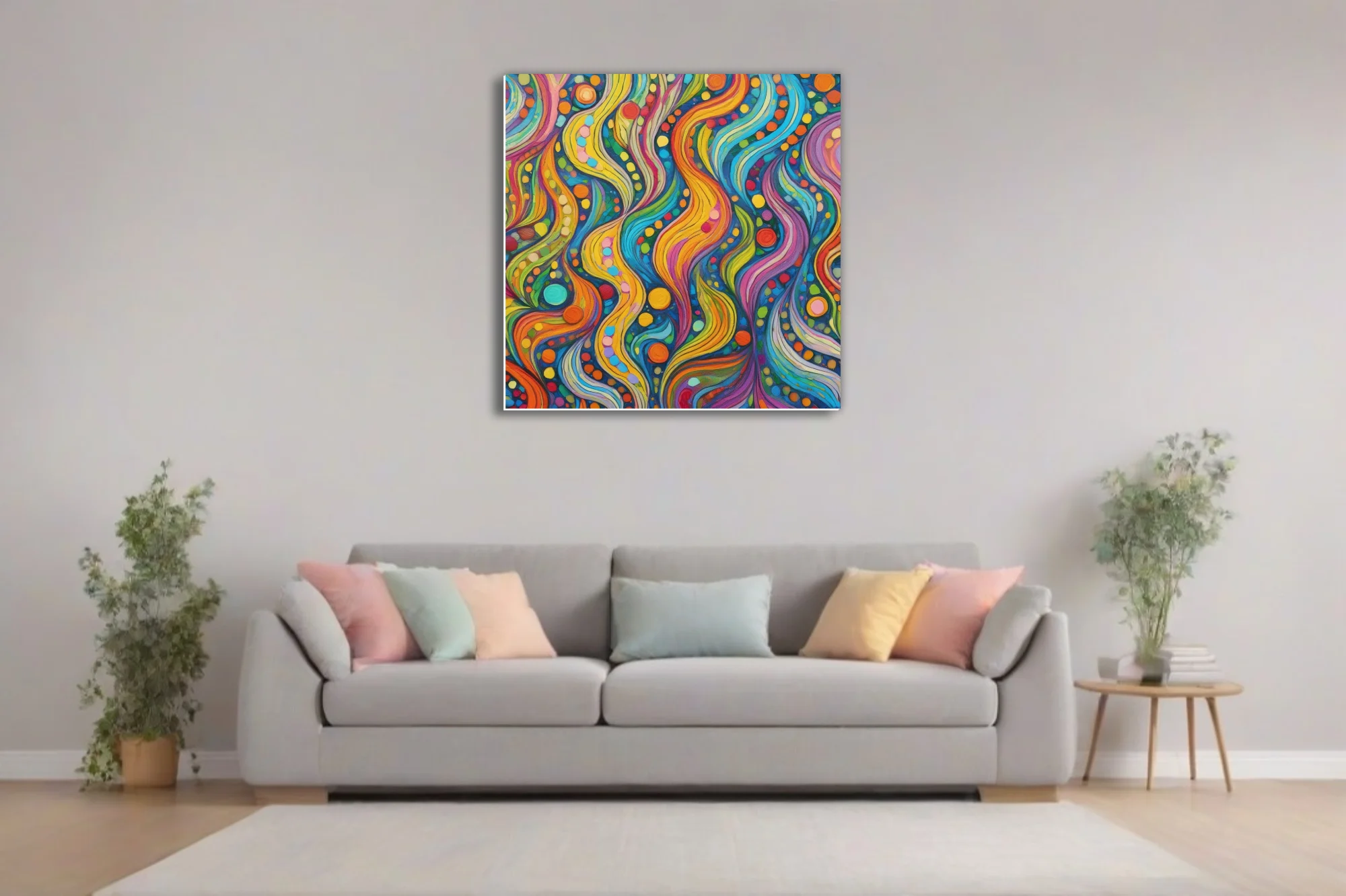 Psychedelic abstract wave pattern with rainbow swirls and colorful dot motifs