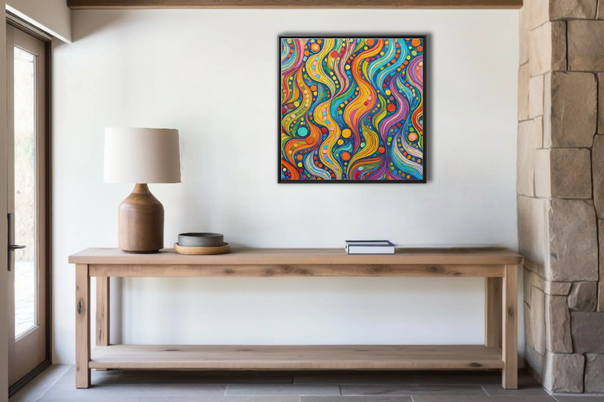 Psychedelic abstract wave pattern with rainbow swirls and colorful dot motifs