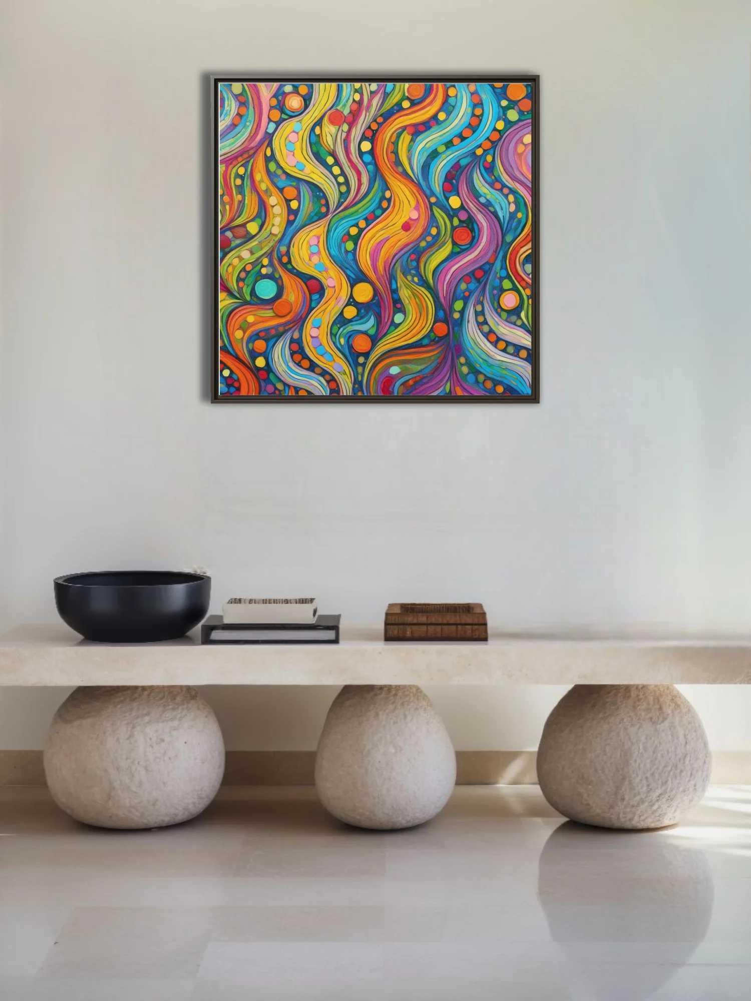 Psychedelic abstract wave pattern with rainbow swirls and colorful dot motifs
