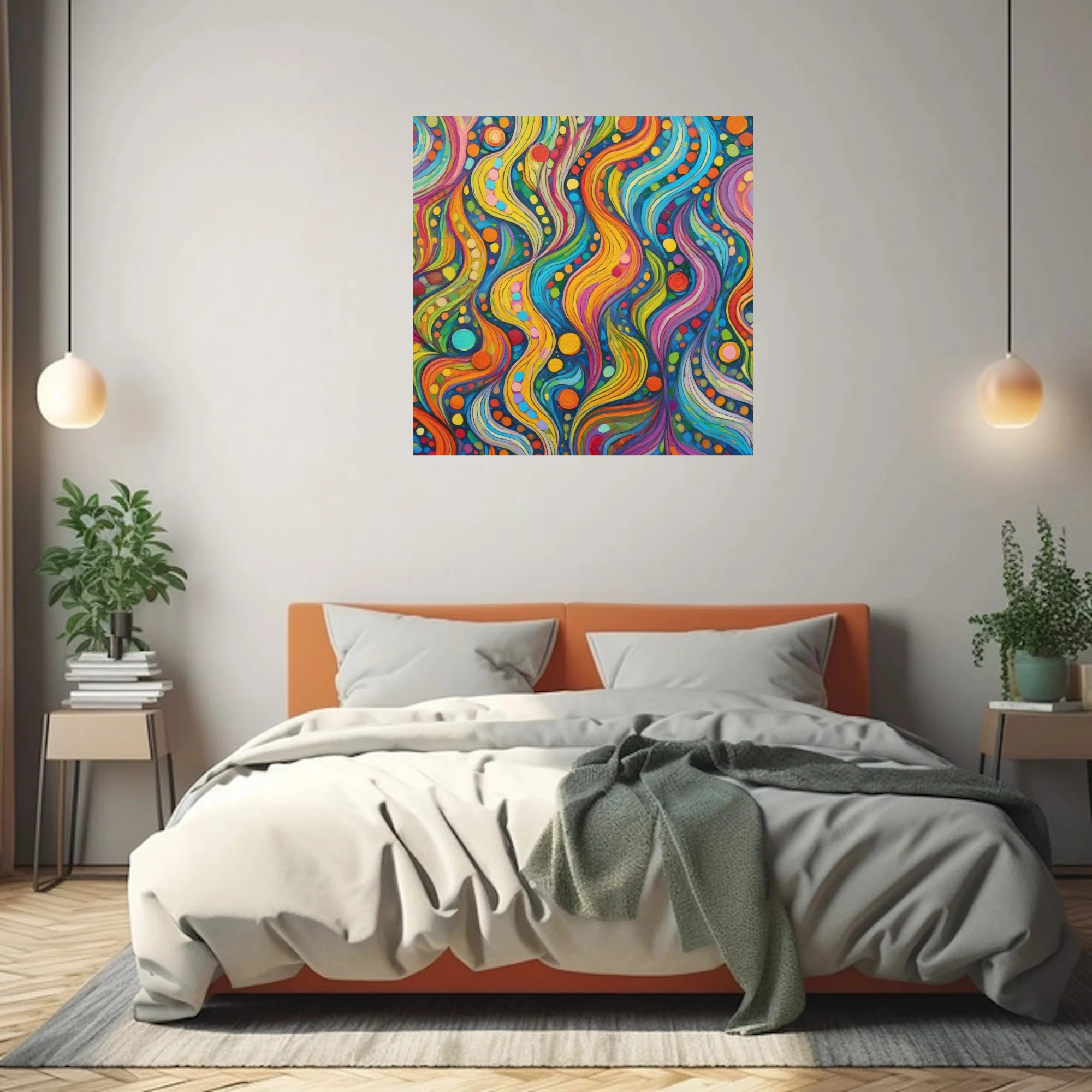 Psychedelic abstract wave pattern with rainbow swirls and colorful dot motifs