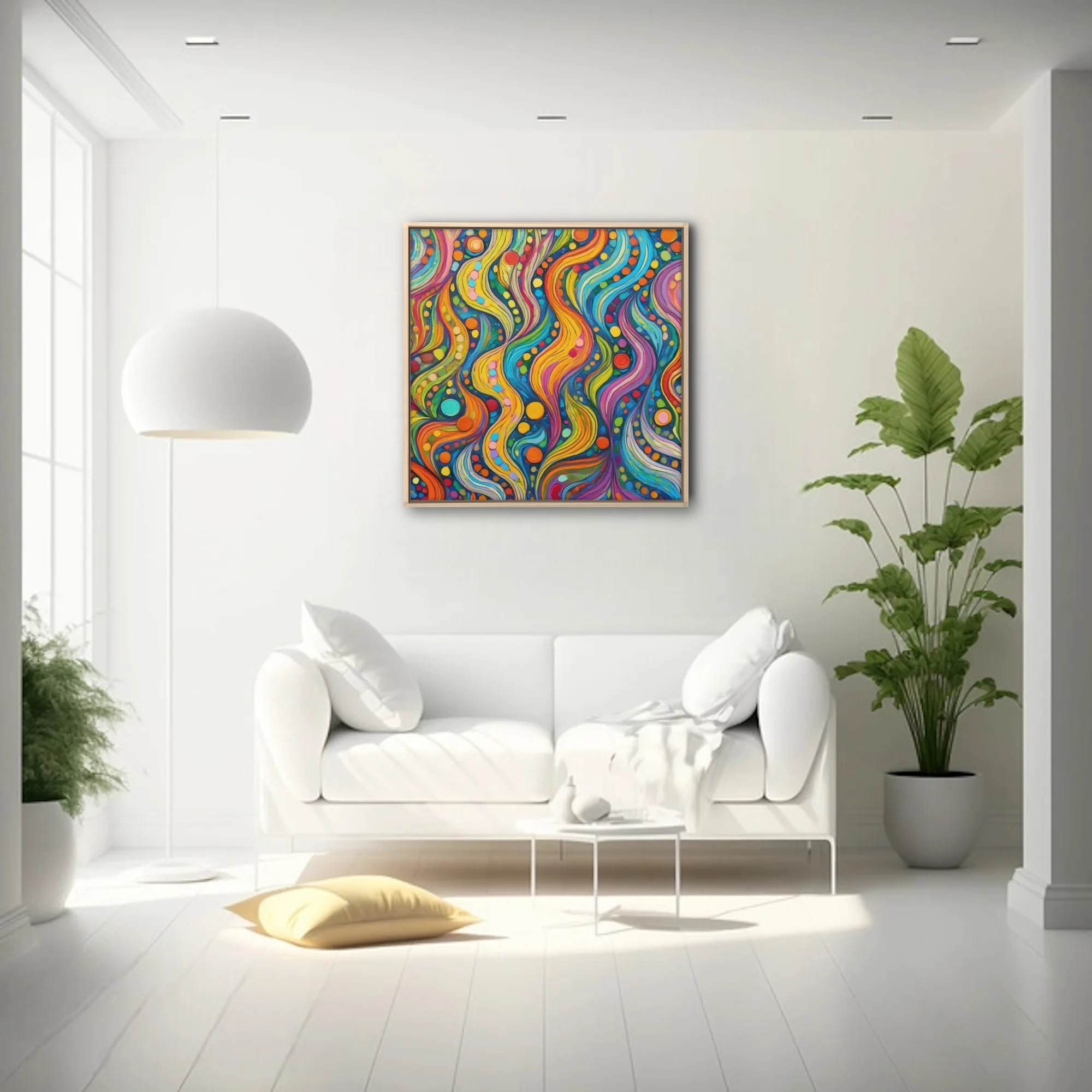 Psychedelic abstract wave pattern with rainbow swirls and colorful dot motifs