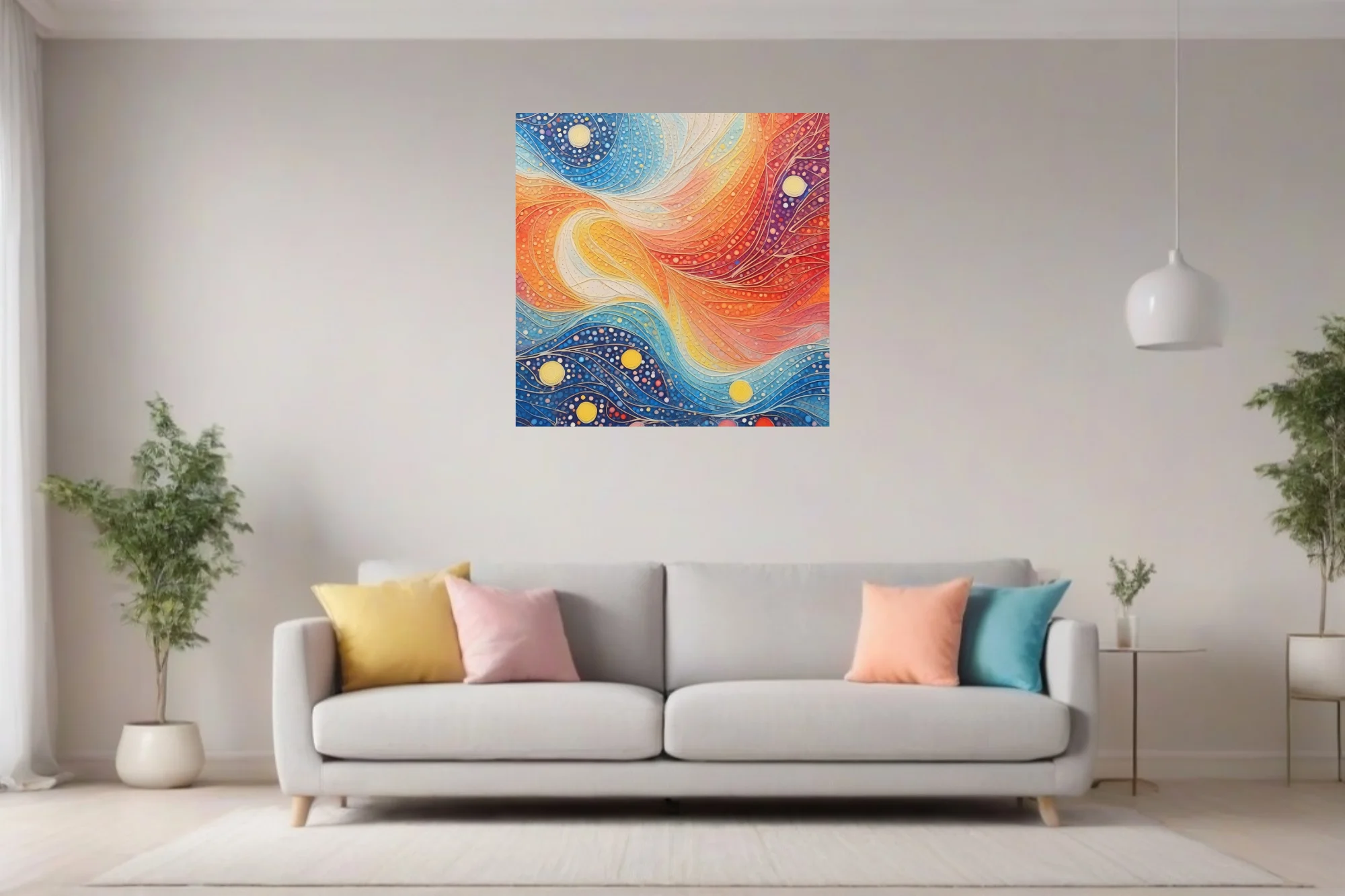 Vibrant dot-art abstract with swirling waves, celestial orbs, cobalt, crimson, and saffron palette
