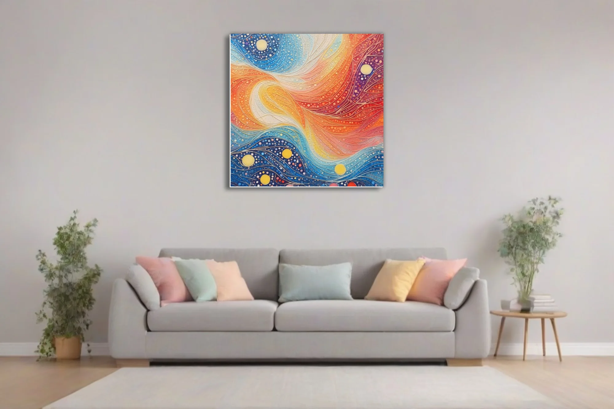 Vibrant dot-art abstract with swirling waves, celestial orbs, cobalt, crimson, and saffron palette
