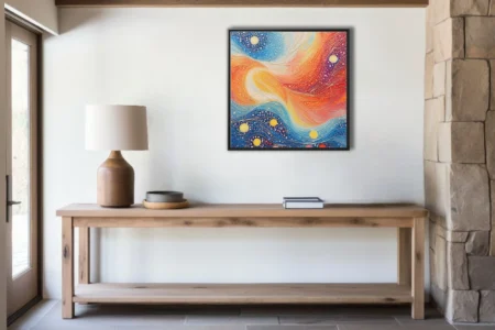 Vibrant dot-art abstract with swirling waves, celestial orbs, cobalt, crimson, and saffron palette