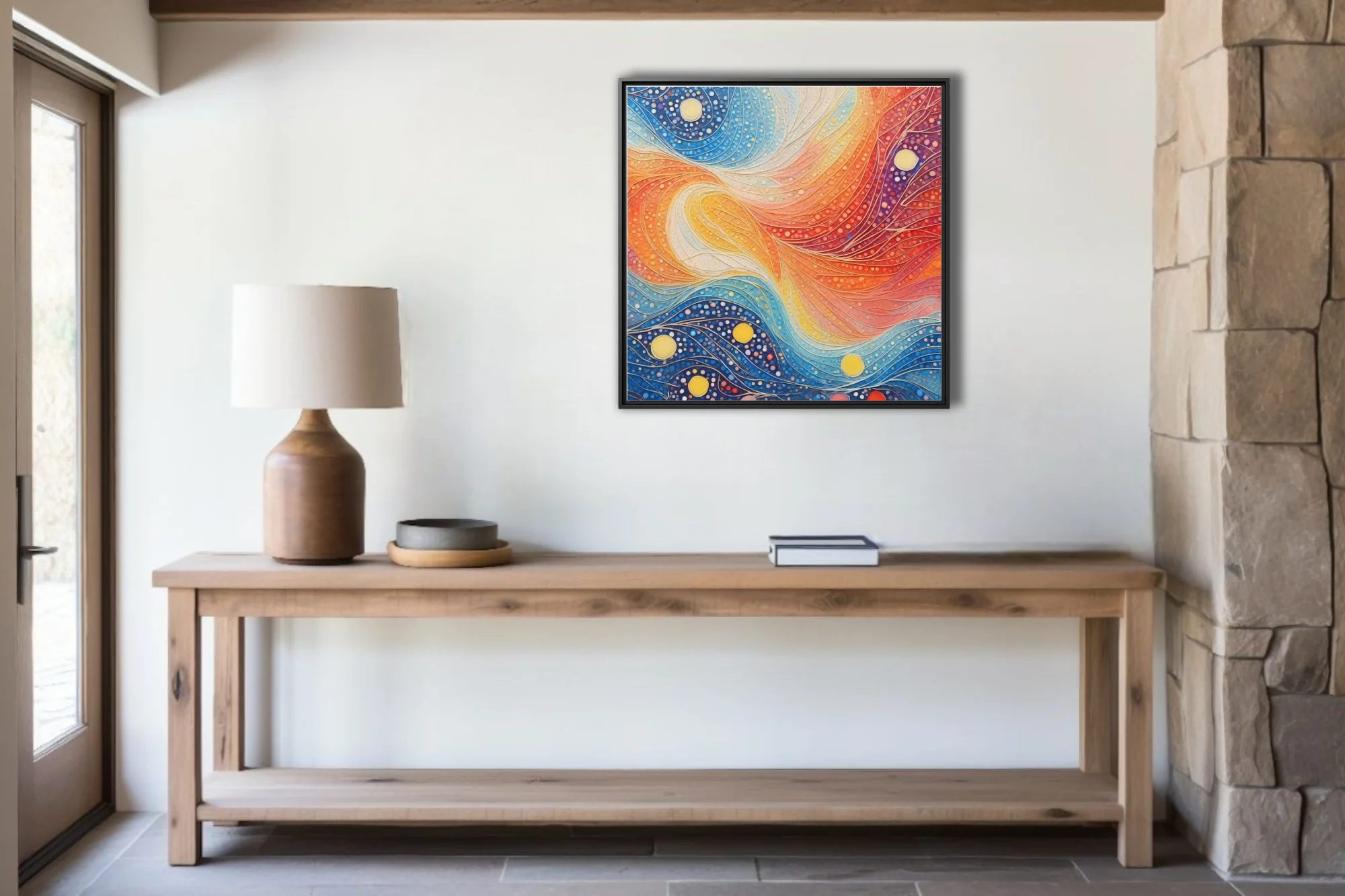 Vibrant dot-art abstract with swirling waves, celestial orbs, cobalt, crimson, and saffron palette