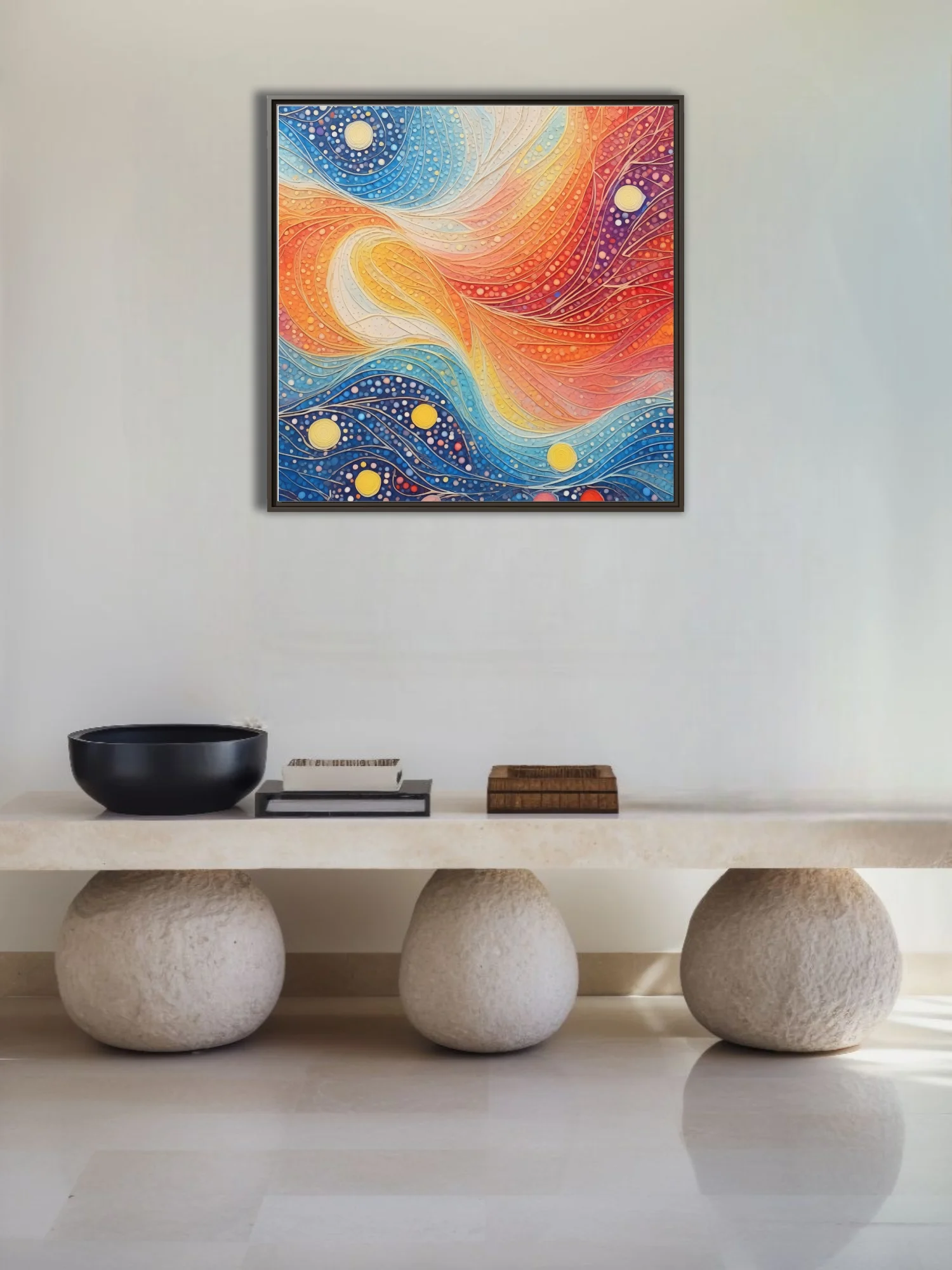 Vibrant dot-art abstract with swirling waves, celestial orbs, cobalt, crimson, and saffron palette