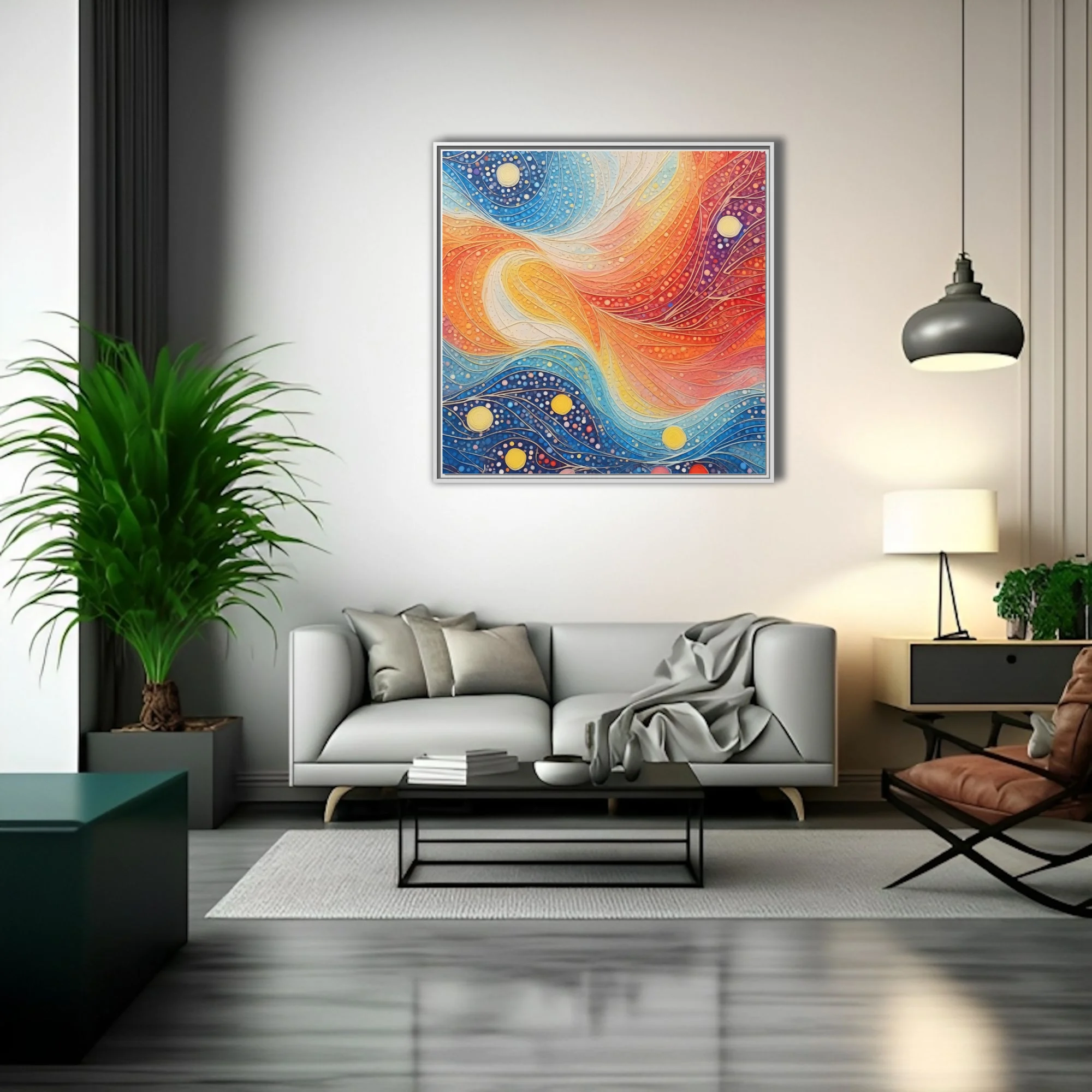 Vibrant dot-art abstract with swirling waves, celestial orbs, cobalt, crimson, and saffron palette