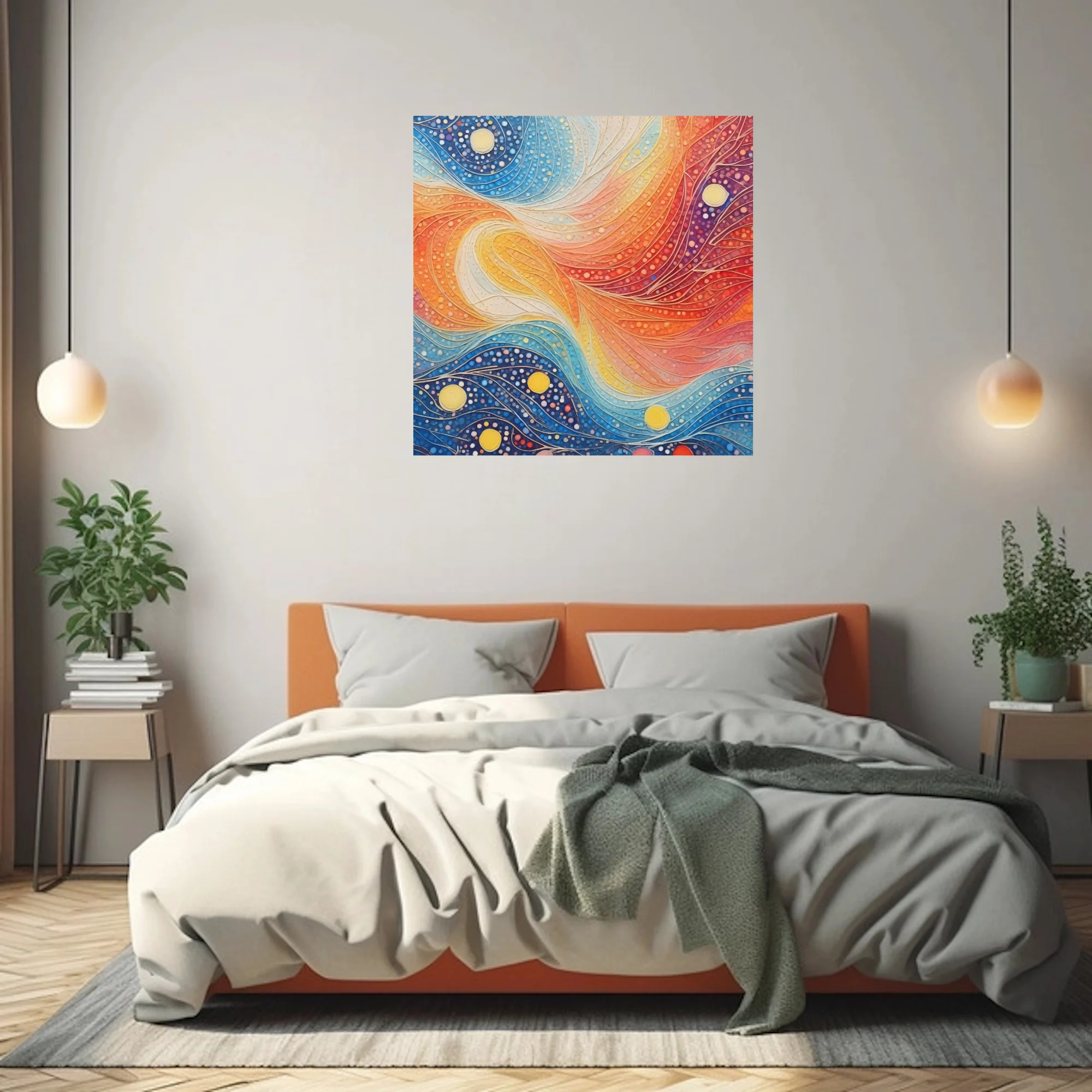 Vibrant dot-art abstract with swirling waves, celestial orbs, cobalt, crimson, and saffron palette
