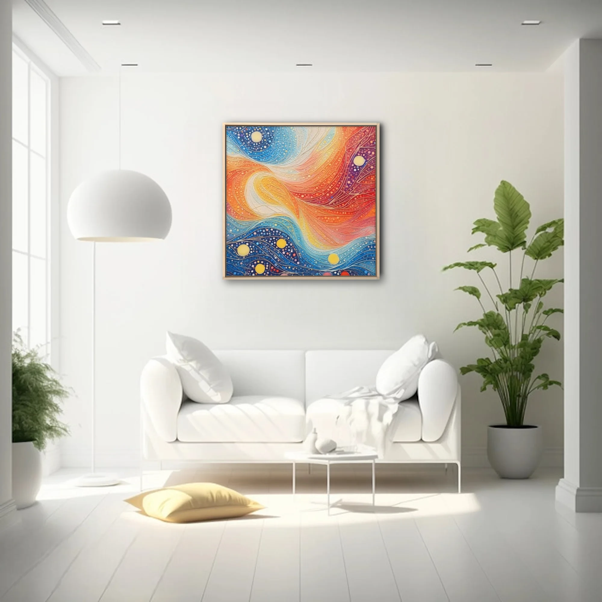 Vibrant dot-art abstract with swirling waves, celestial orbs, cobalt, crimson, and saffron palette