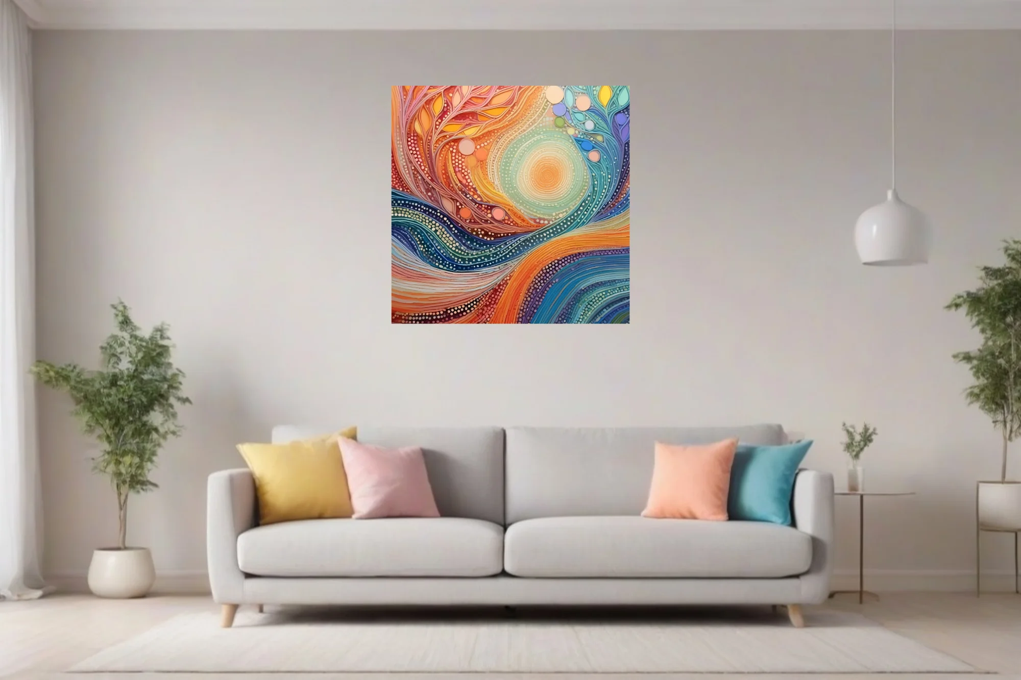 Abstract swirl art warm amber teal dot-work botanical motifs