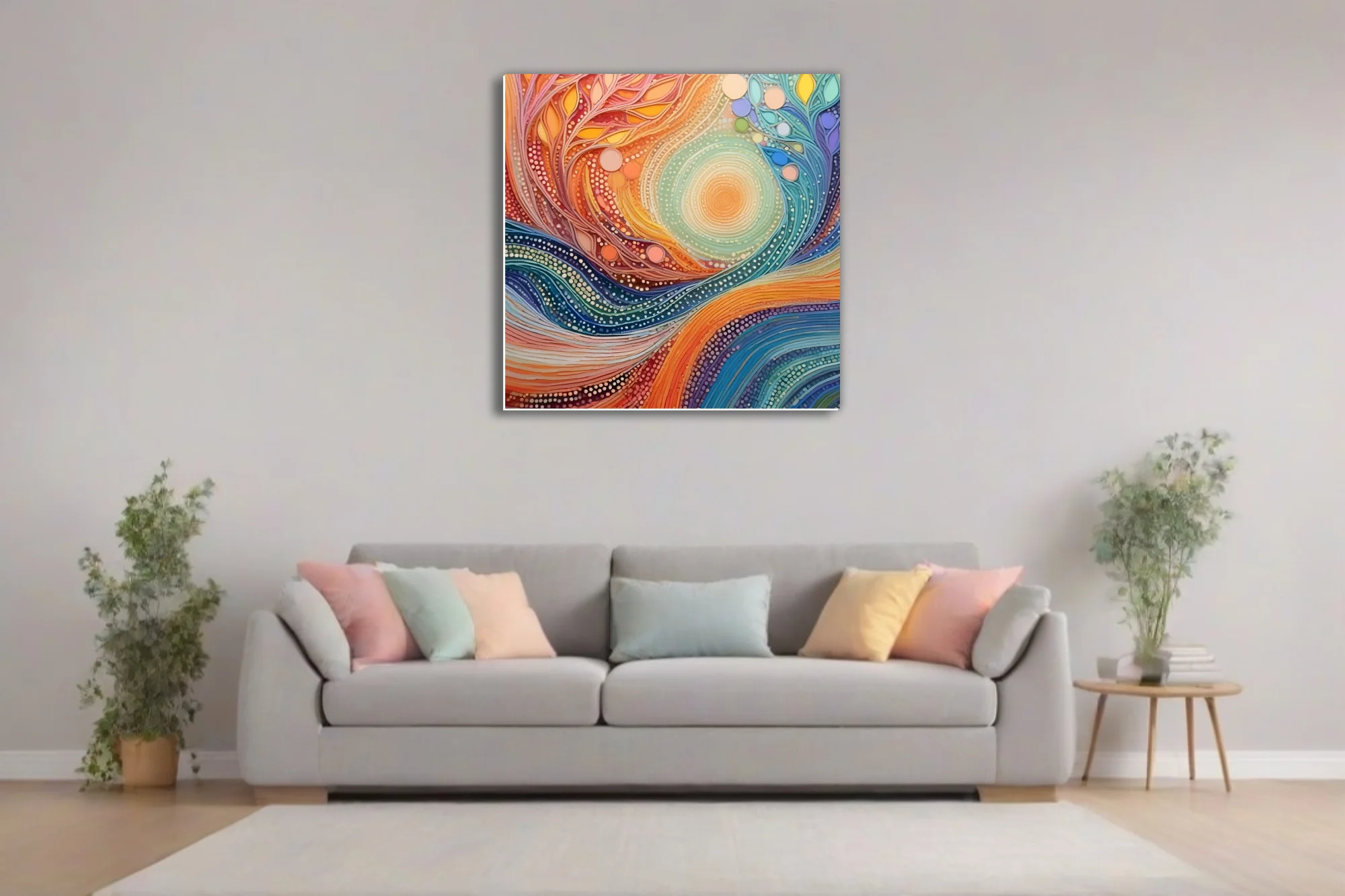 Abstract swirl art warm amber teal dot-work botanical motifs