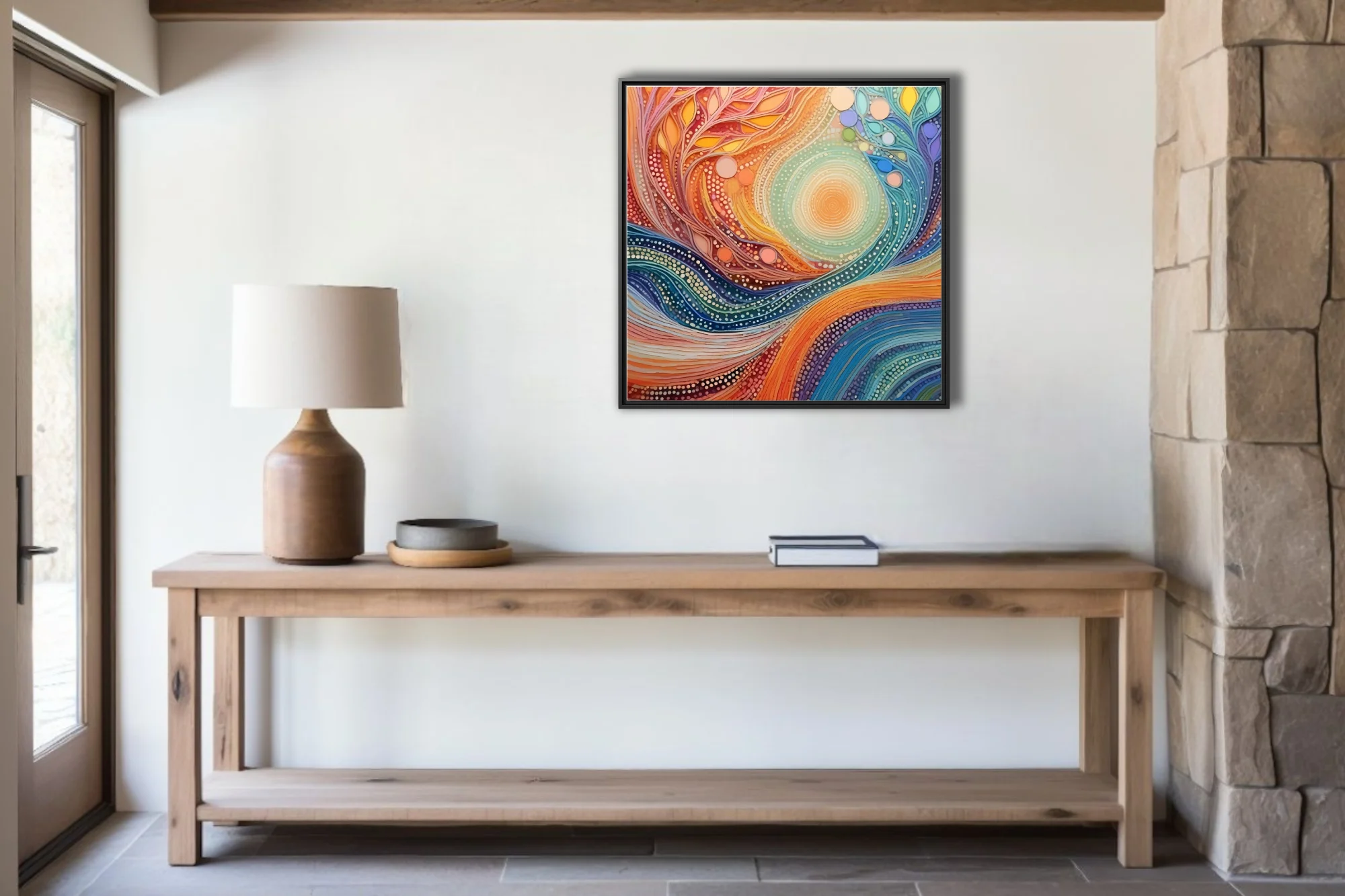 Abstract swirl art warm amber teal dot-work botanical motifs