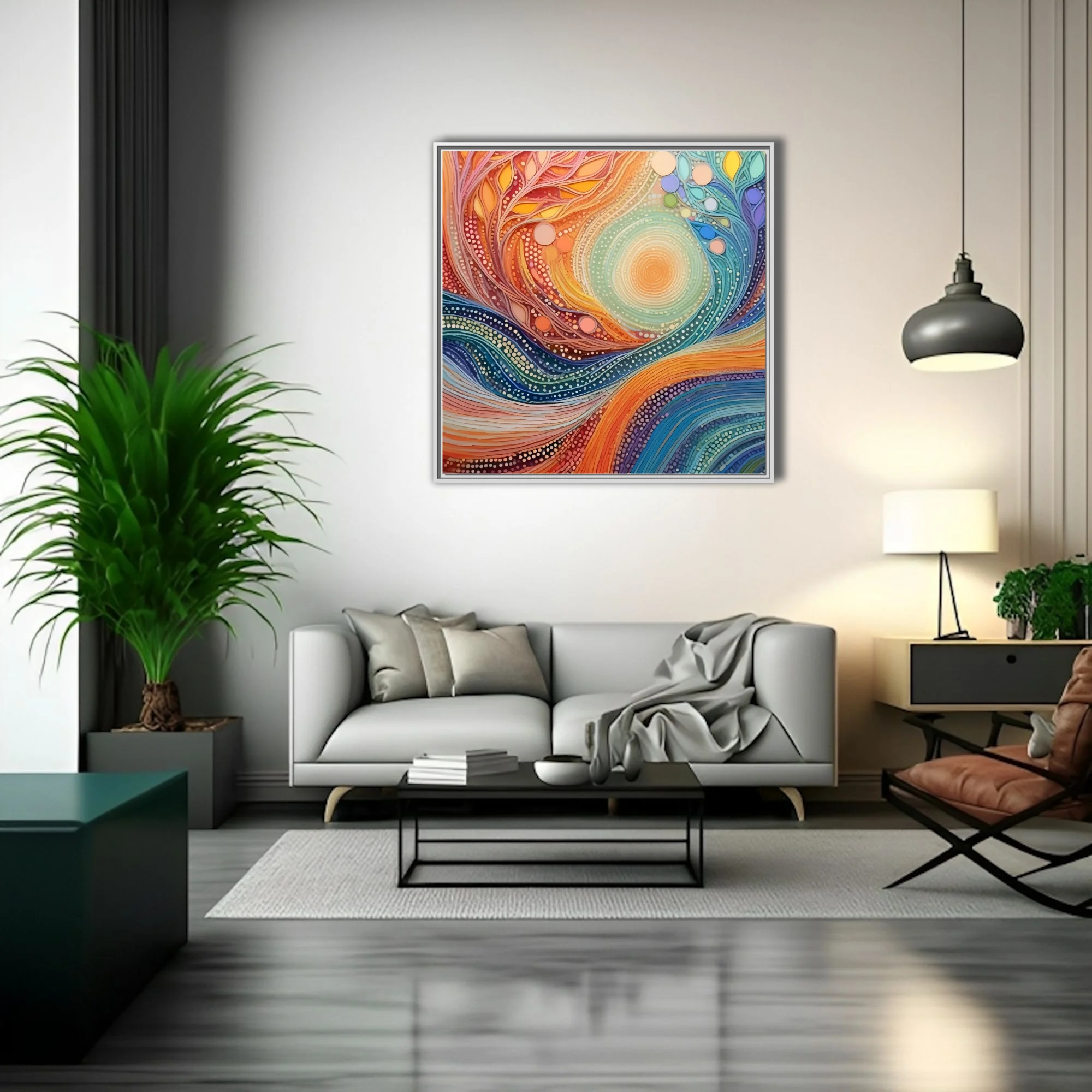 Abstract swirl art warm amber teal dot-work botanical motifs