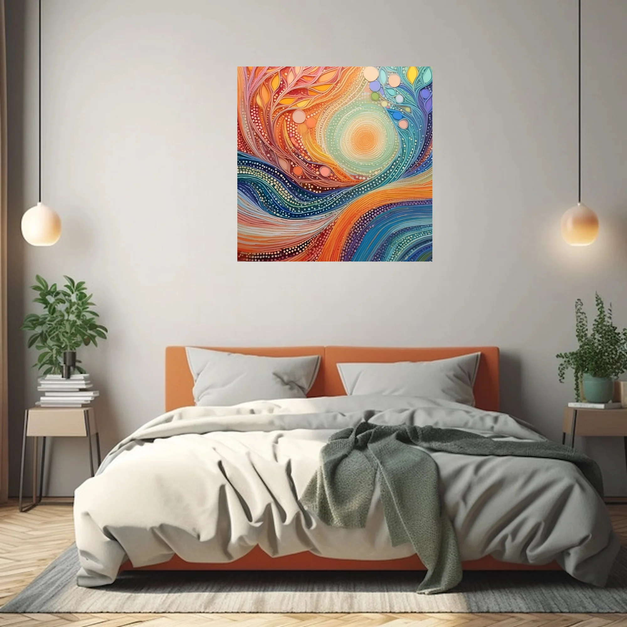 Abstract swirl art warm amber teal dot-work botanical motifs