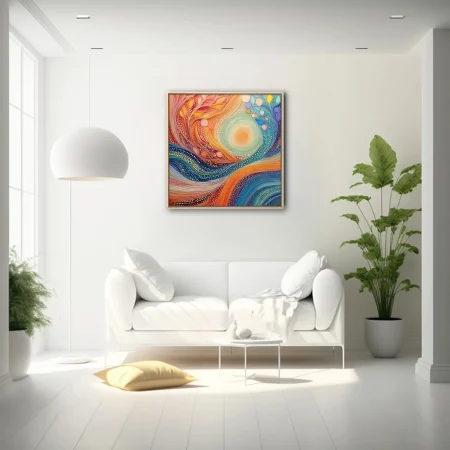 Abstract swirl art warm amber teal dot-work botanical motifs