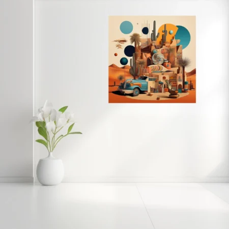 Dreamlike desert collage with cactus, vintage car, adobe forms, teal and terracotta palette