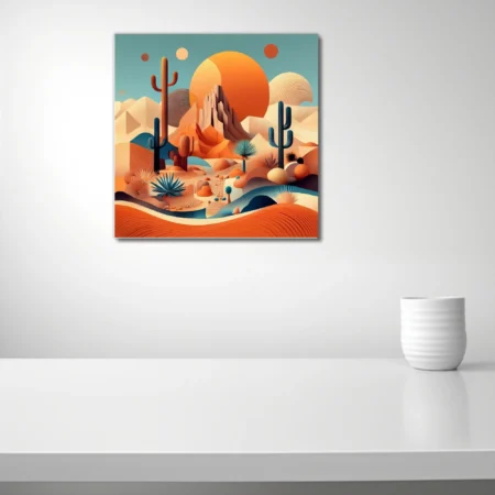 Abstract southwestern desert landscape, bold orange and teal paper-cut-style illustration