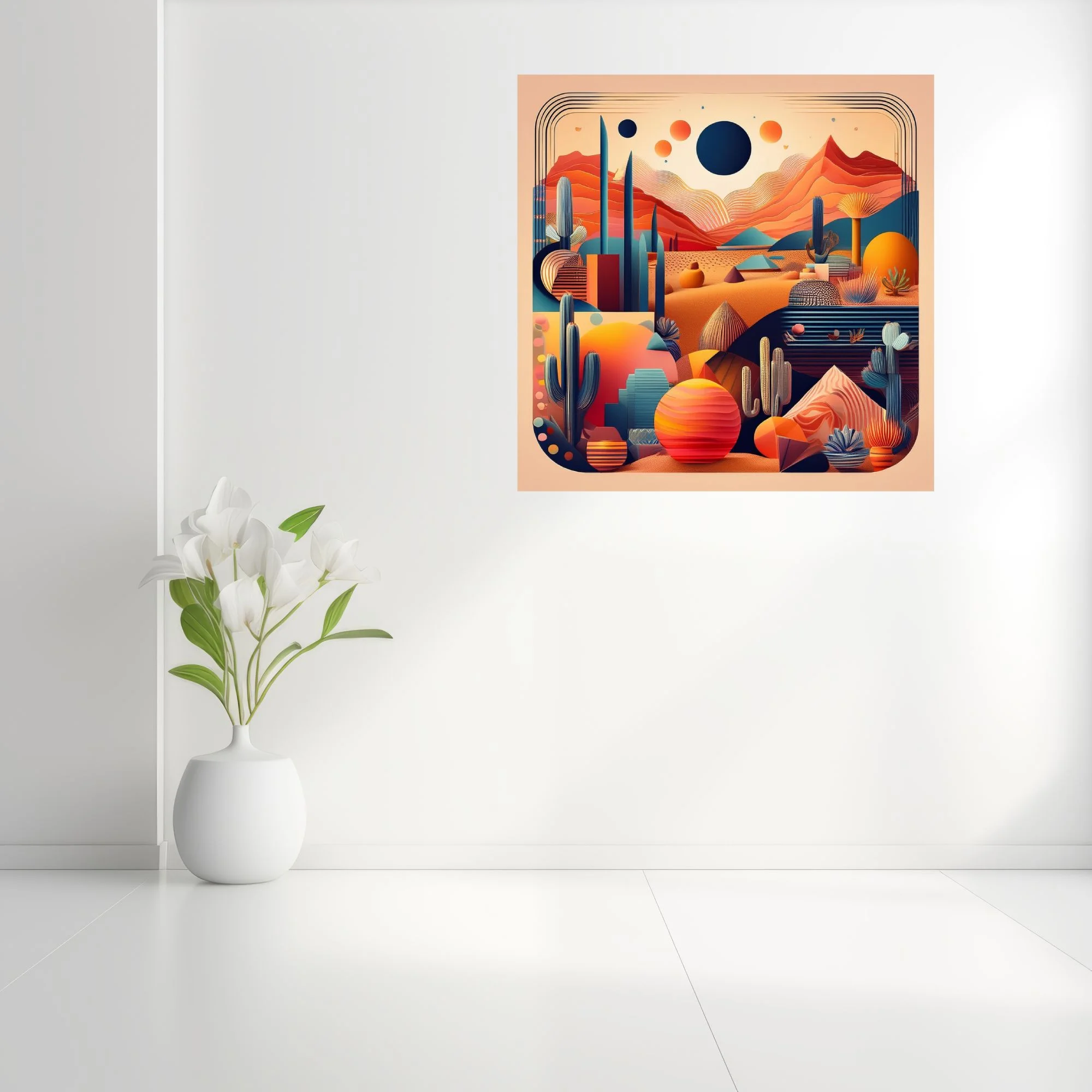 Mid-century modern abstract desert landscape with cacti, celestial orbs, and layered terracotta mountains