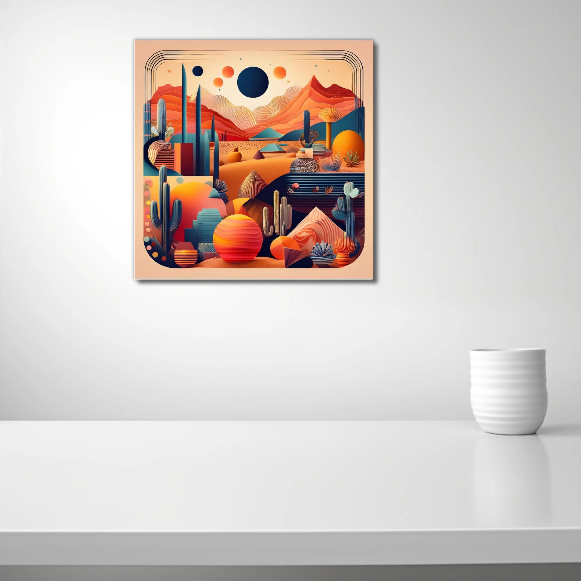 Mid-century modern abstract desert landscape with cacti, celestial orbs, and layered terracotta mountains