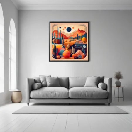 Mid-century modern abstract desert landscape with cacti, celestial orbs, and layered terracotta mountains