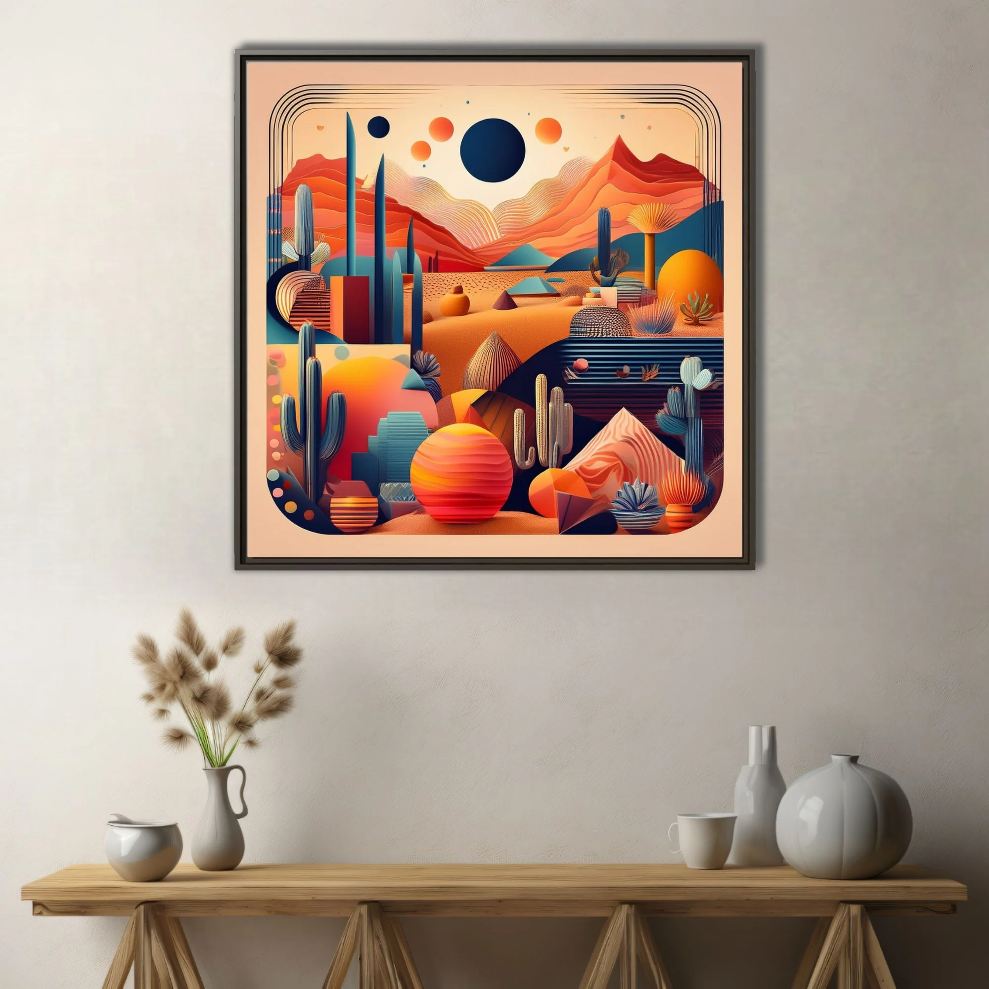 Mid-century modern abstract desert landscape with cacti, celestial orbs, and layered terracotta mountains