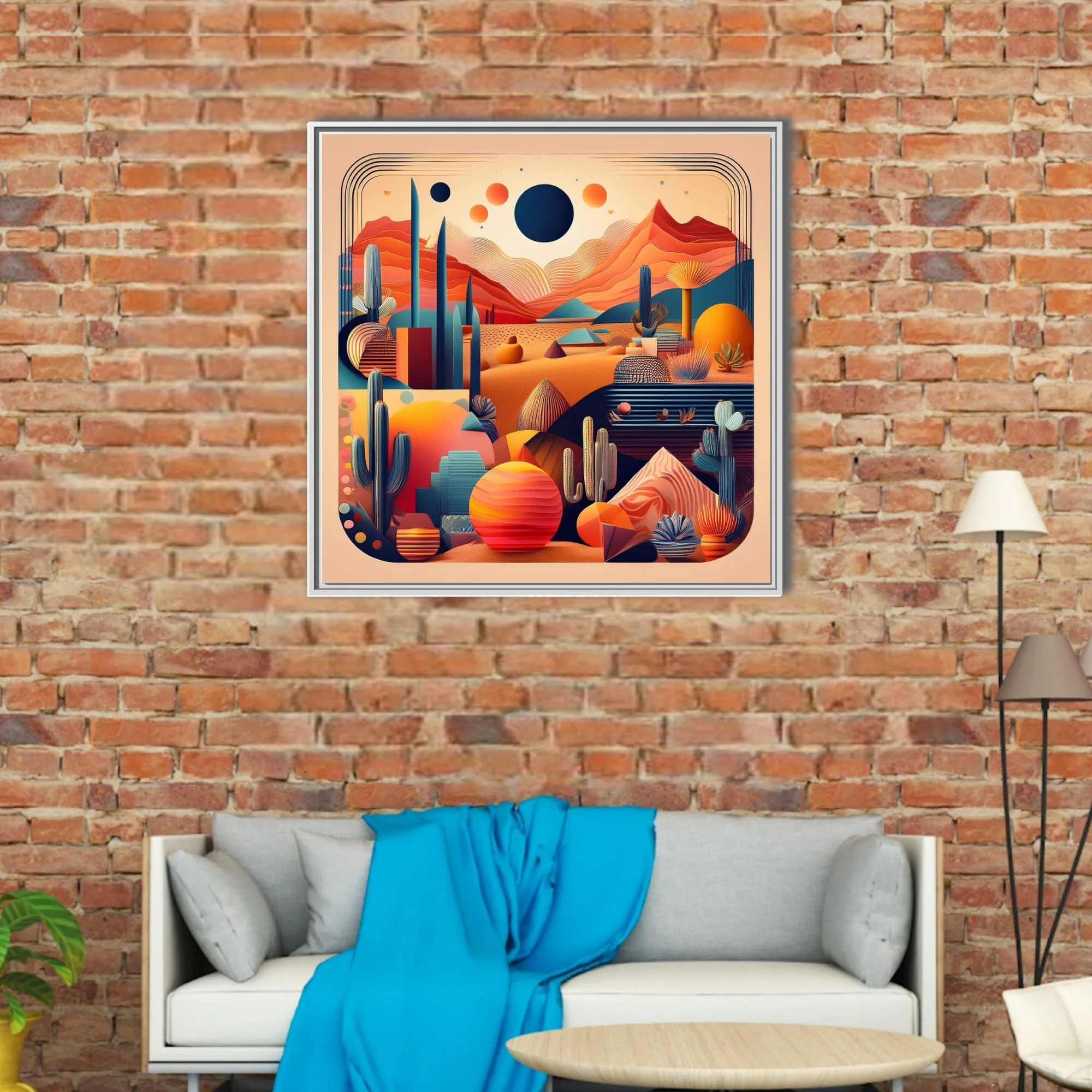 Mid-century modern abstract desert landscape with cacti, celestial orbs, and layered terracotta mountains