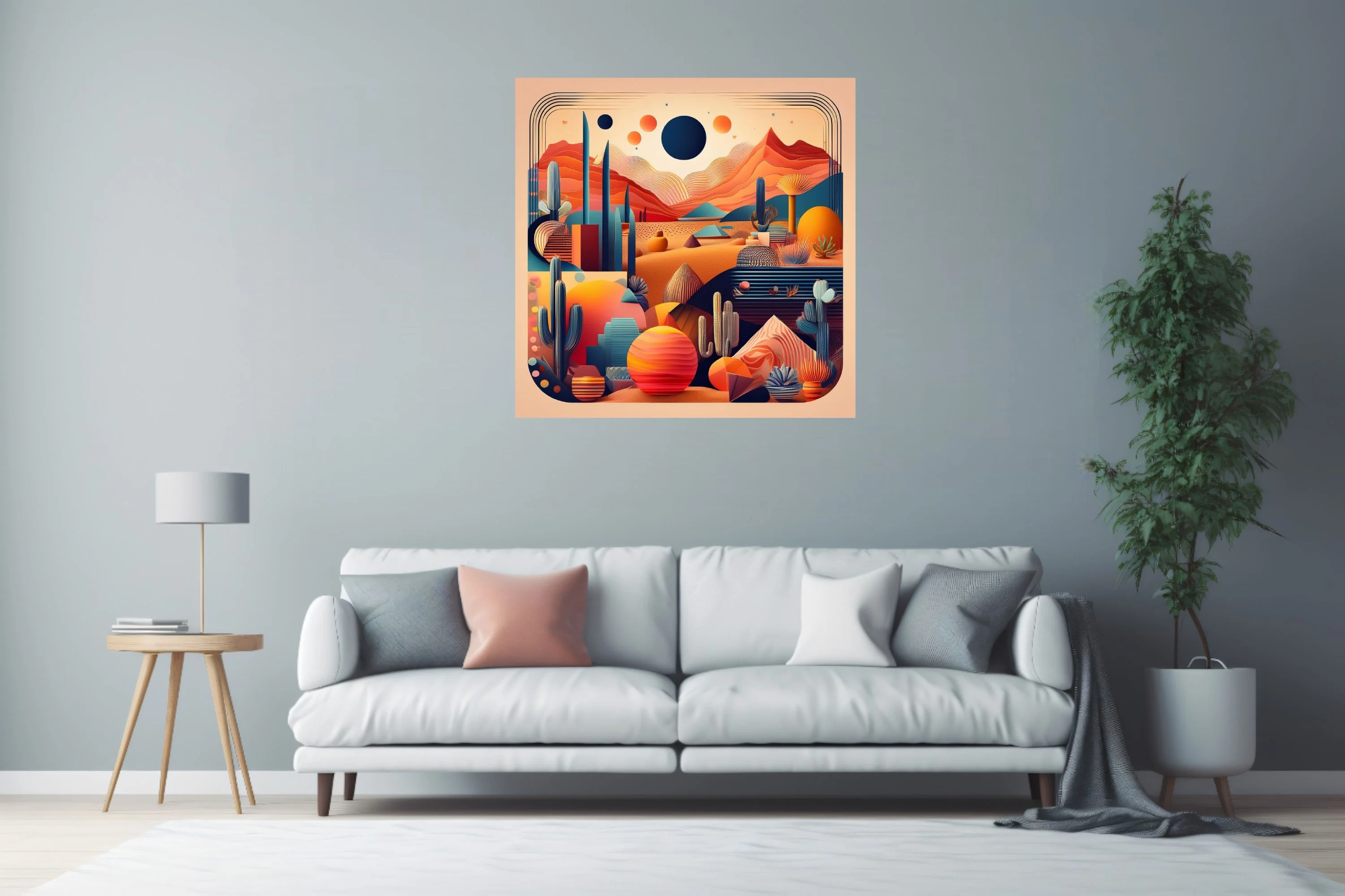 Mid-century modern abstract desert landscape with cacti, celestial orbs, and layered terracotta mountains