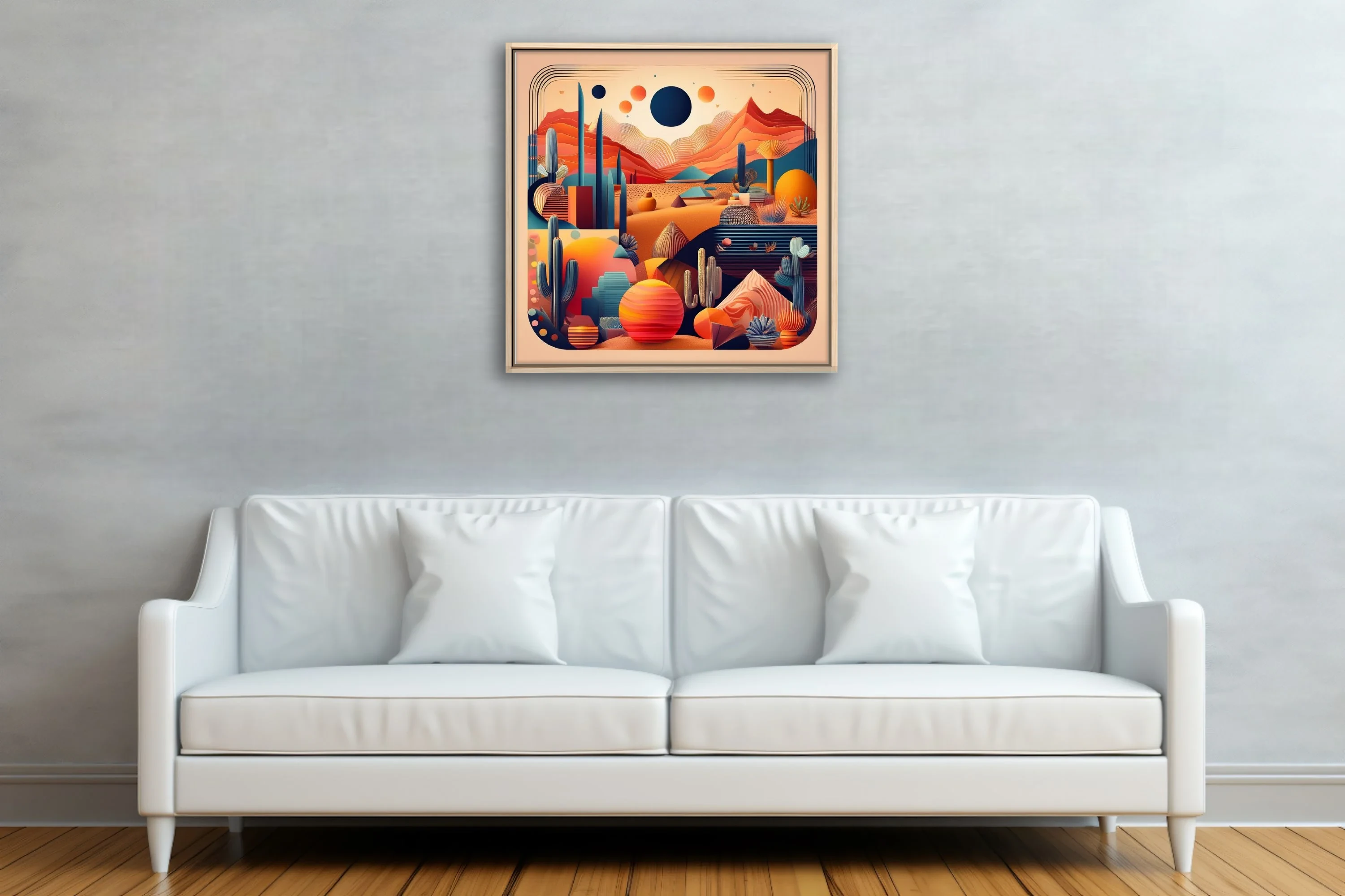 Mid-century modern abstract desert landscape with cacti, celestial orbs, and layered terracotta mountains