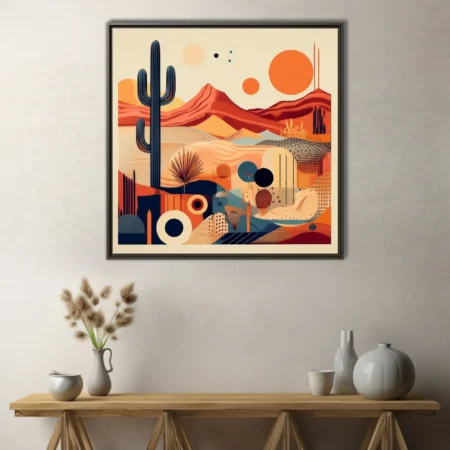 Mid-century modern abstract desert landscape in terracotta, navy, and orange tones