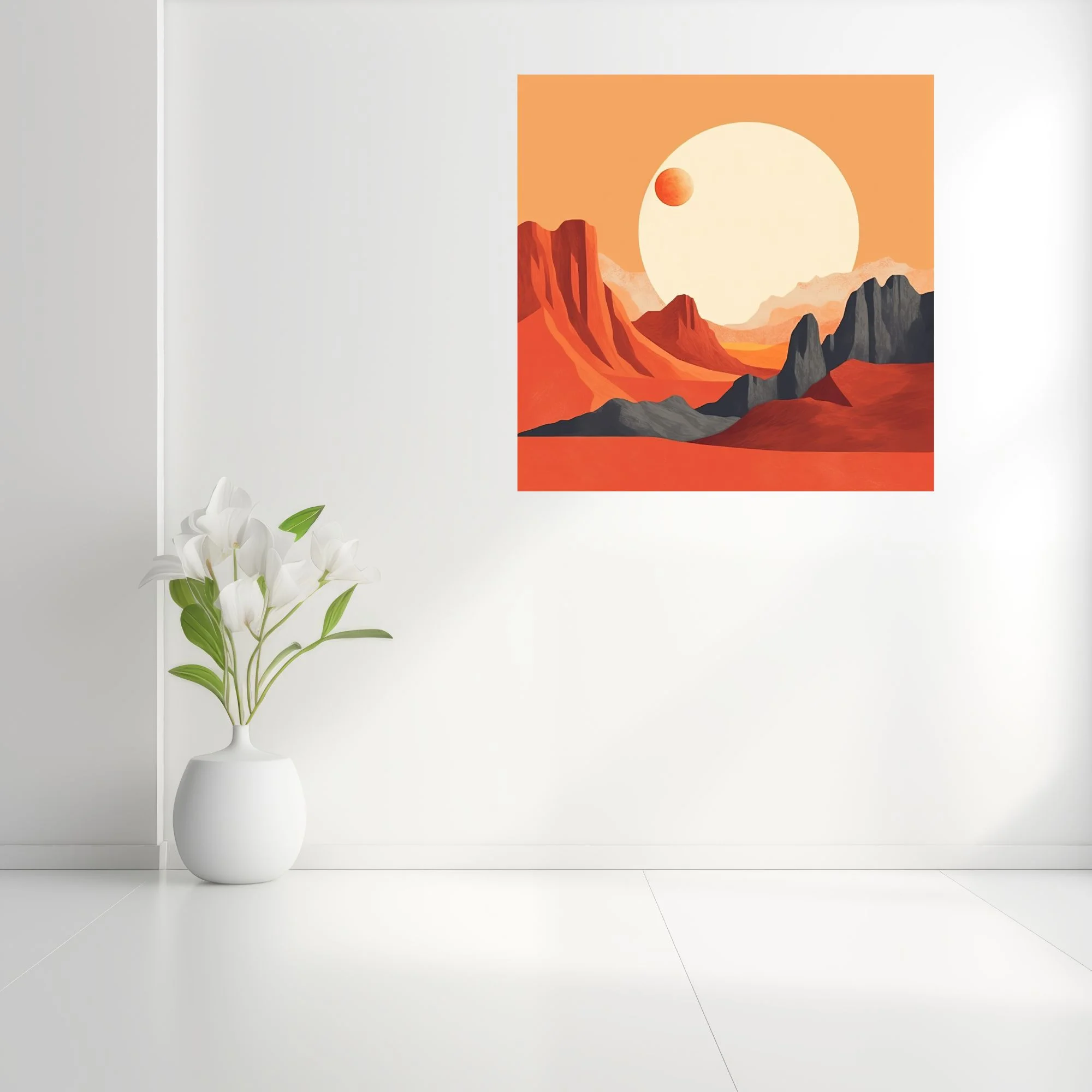 Mid-century modern abstract desert canyon with luminous orb and terracotta palette
