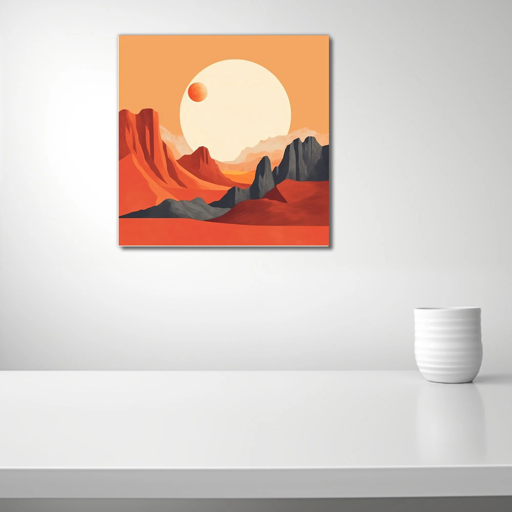 Mid-century modern abstract desert canyon with luminous orb and terracotta palette