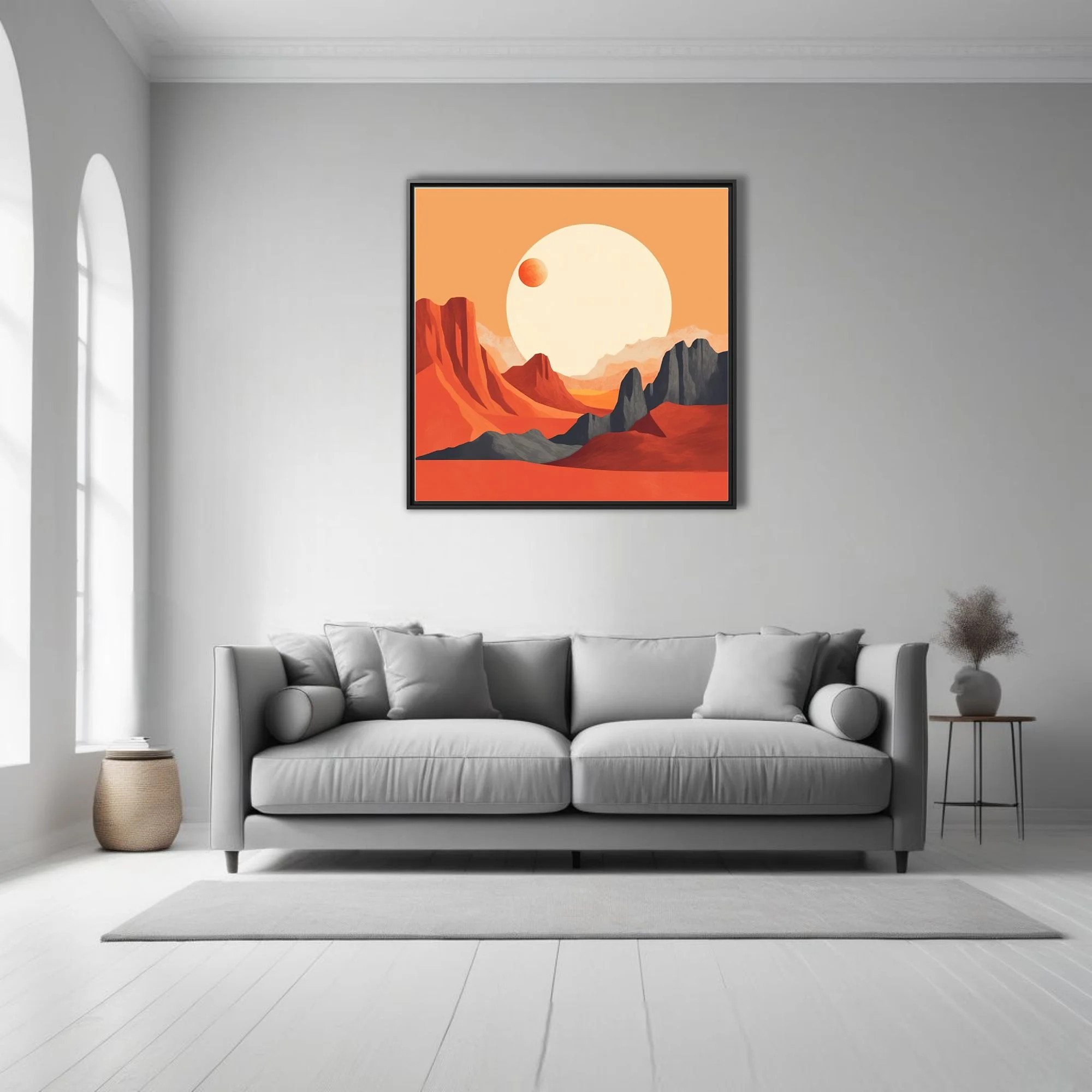 Mid-century modern abstract desert canyon with luminous orb and terracotta palette