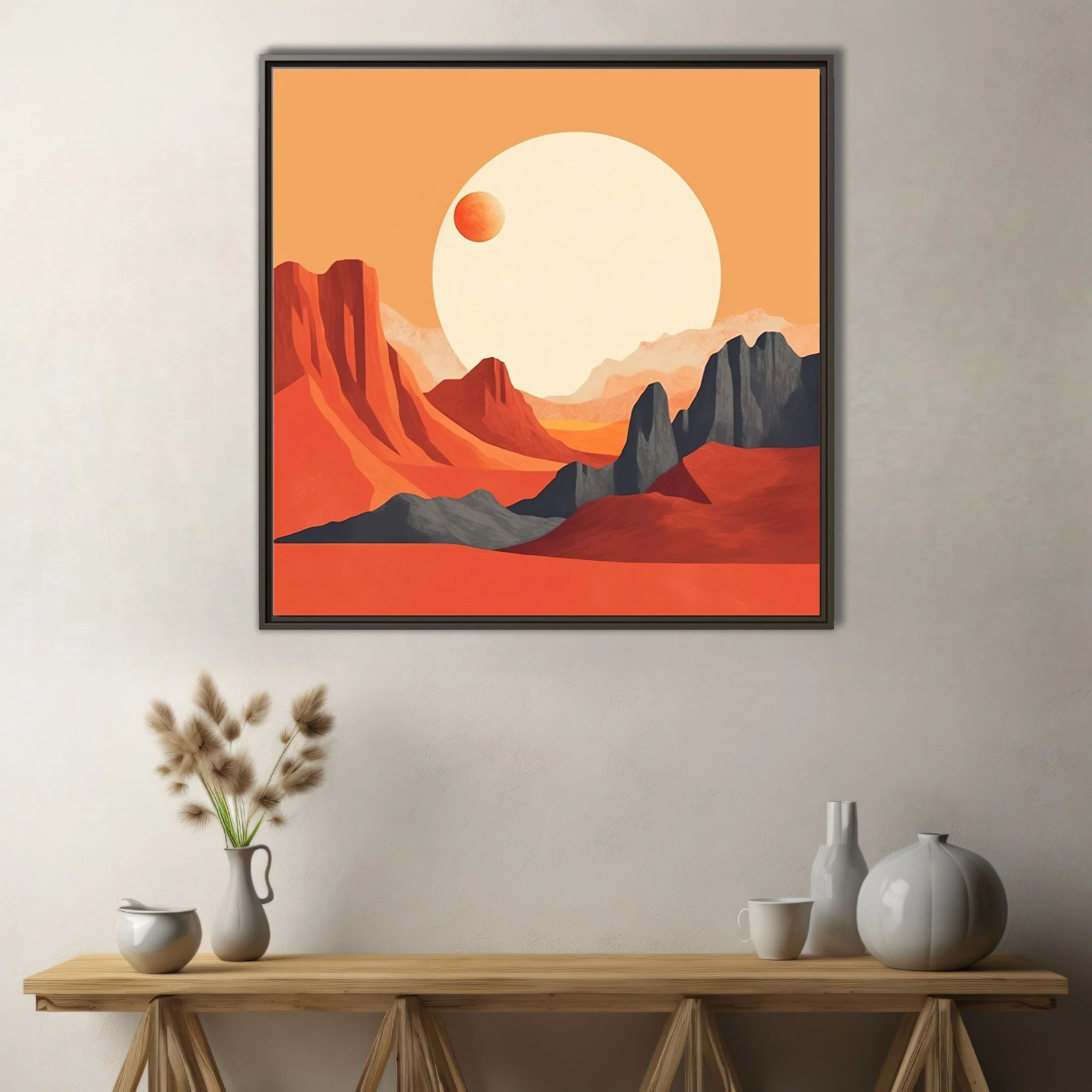 Mid-century modern abstract desert canyon with luminous orb and terracotta palette