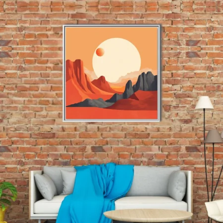 Mid-century modern abstract desert canyon with luminous orb and terracotta palette
