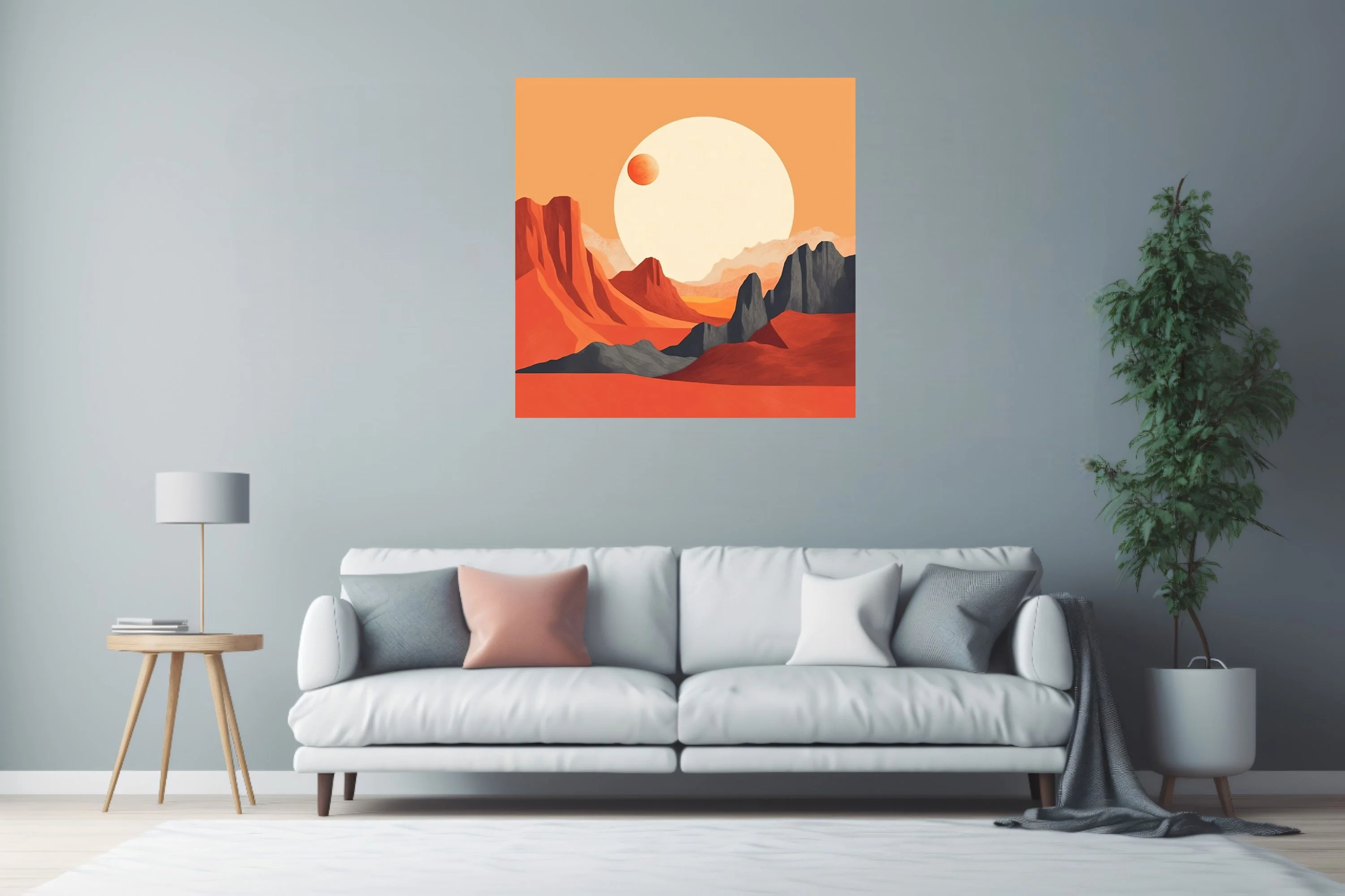 Mid-century modern abstract desert canyon with luminous orb and terracotta palette