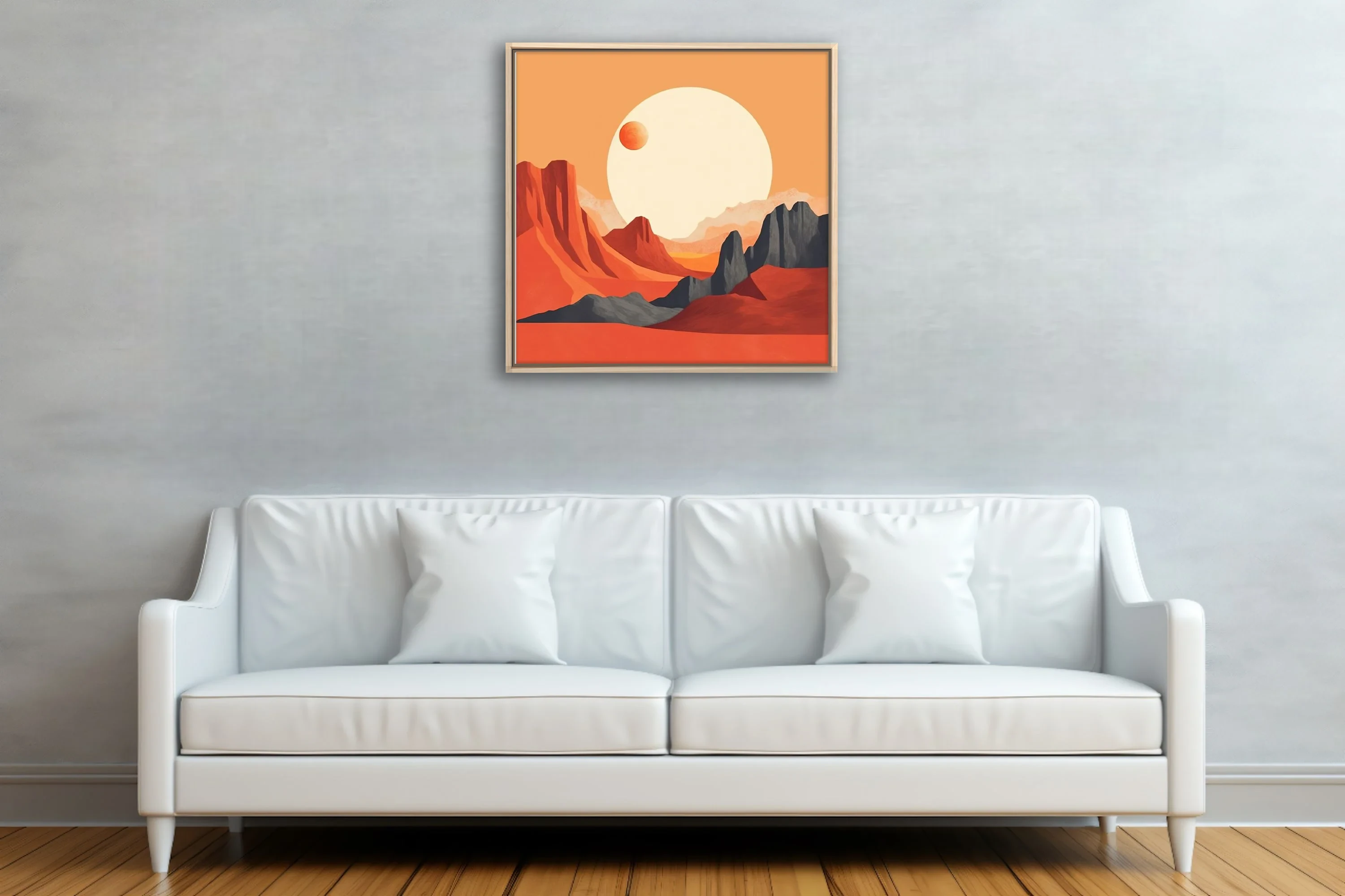Mid-century modern abstract desert canyon with luminous orb and terracotta palette