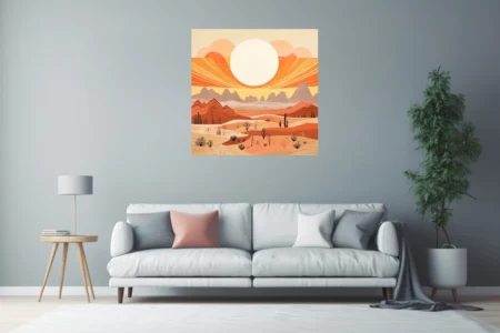 Mid-century modern abstract desert landscape in warm terracotta and amber tones